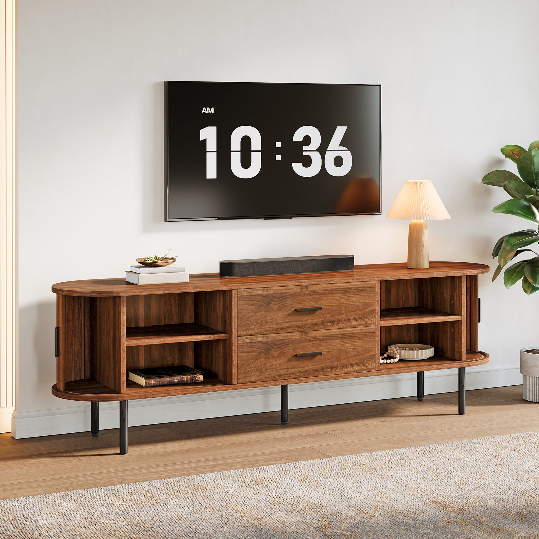 70-Inch TV Stand with Sliding Tambour Door, Mid-Century Media Console for 75-Inch TVs