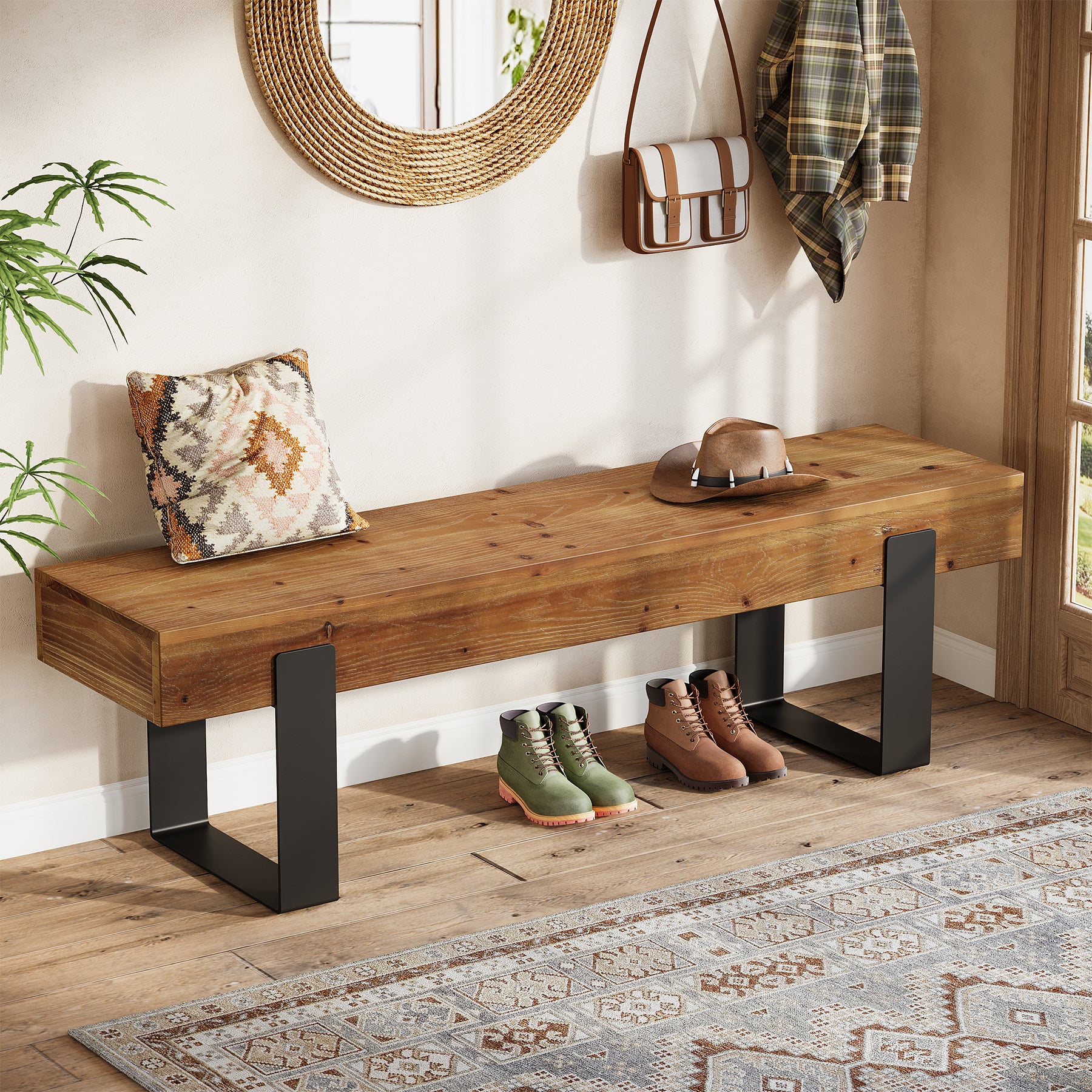 Tribesigns 63-Inch Solid Wood Entryway Bench, Farmhouse Shoe Bench with Metal Legs for Hallway