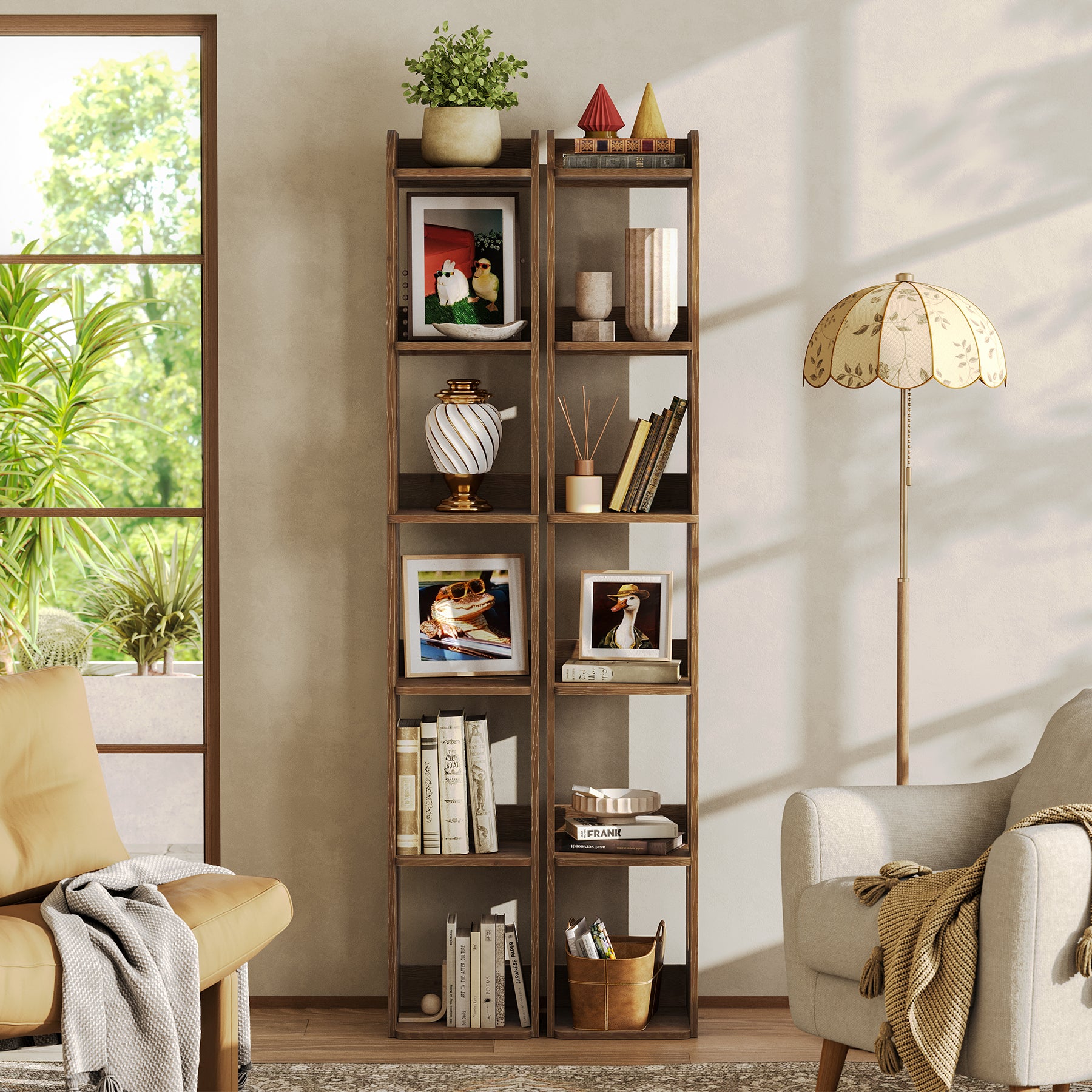 70.87-Inch Solid Wood Bookshelf with 6 Tiers, A Tall Narrow Open Bookcase for Living Room and Home Office