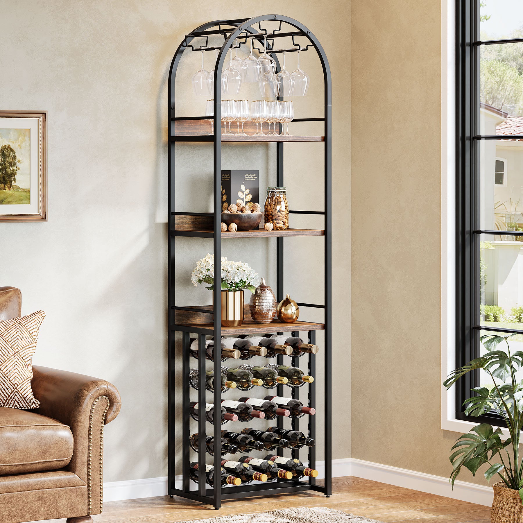 70.9" Tall Wine Rack with Glass Holder, Industrial Metal Wine Storage Stand with Tabletop