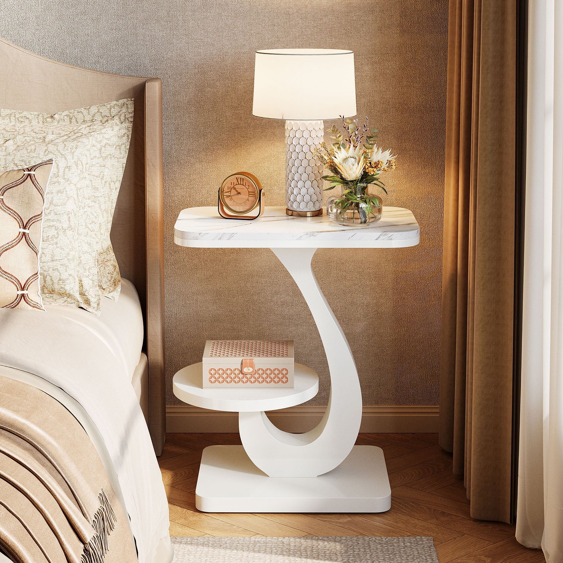 23.62“ C-Shaped End Table with 2-Tier Storage, Faux Marble Top White