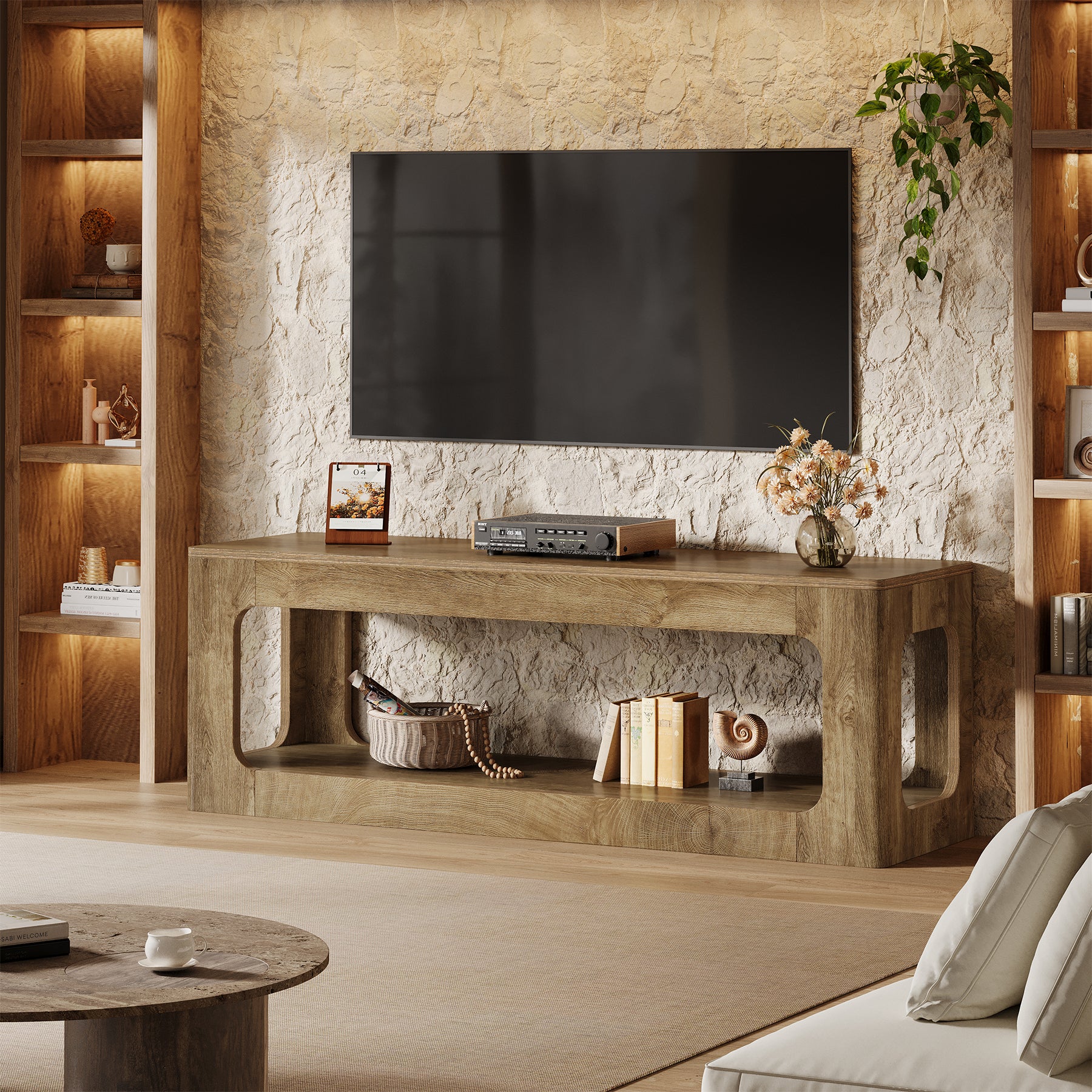 Tribesigns 63-Inch Farmhouse TV Stand with Circle Cutouts, 2-Tier Media Console for Living Room
