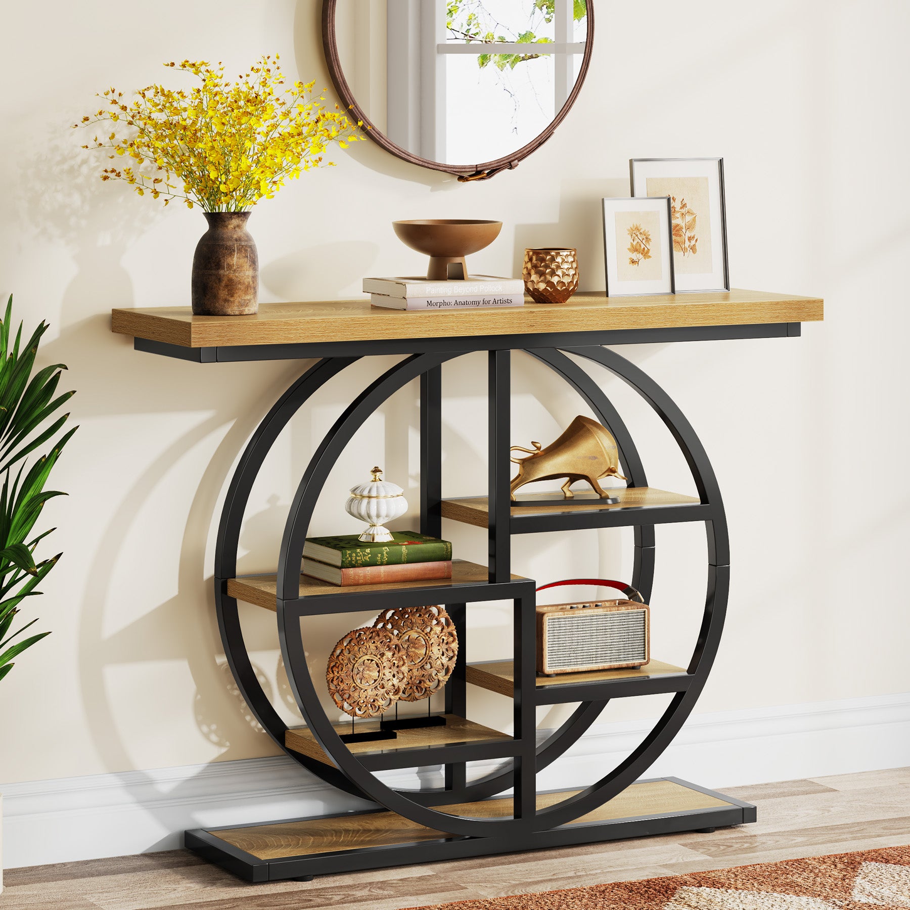 Tribesigns Industrial Console Table - 105cm Narrow 6-Tier Sofa Entryway Table with Circle Base, Storage Shelves