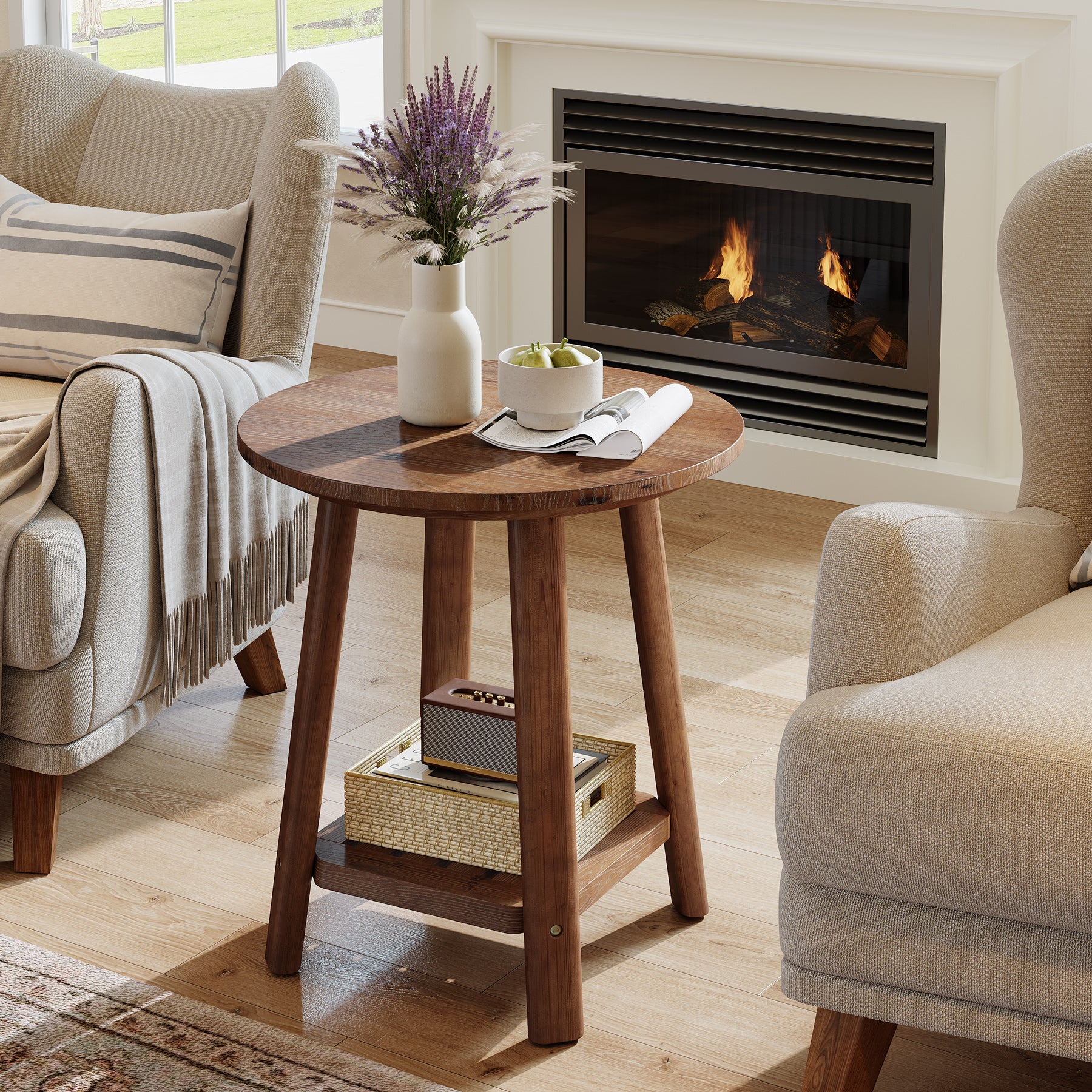 Tribesigns Round Side Table with 2-Tier Storage Shelf, Solid Wood End Table for Small Spaces
