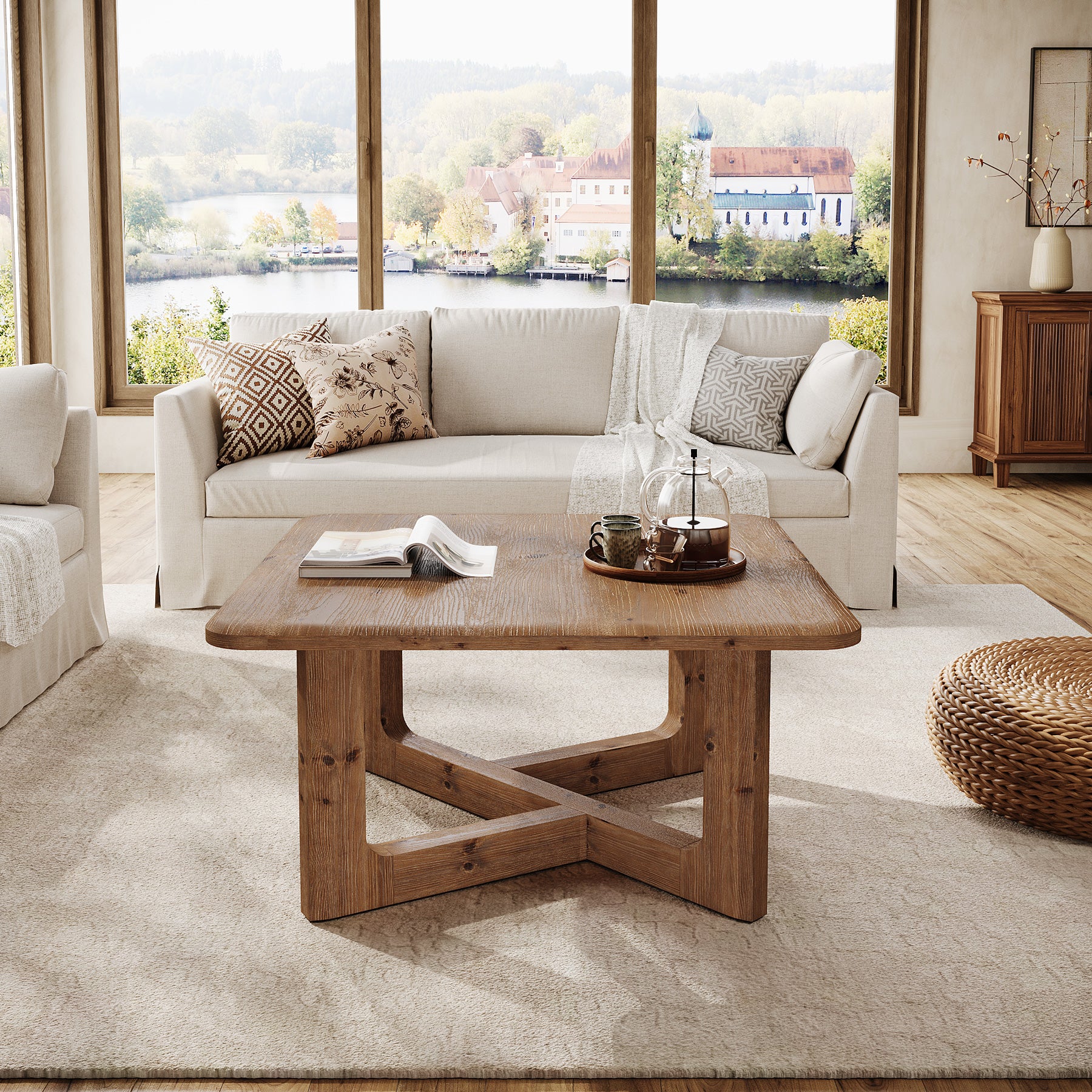 Tribesigns 31.5 Inch Square Solid Wood Coffee Table, Farmhouse Living Room Table with Sturdy Base