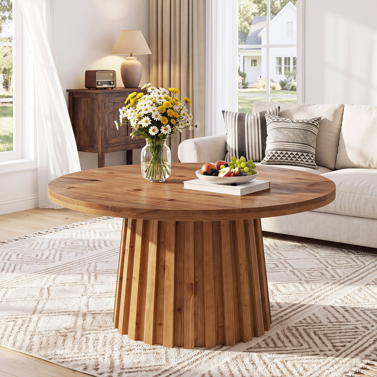 31.5 Inch Solid Wood Round Coffee Table with Fluted Drum Base, Farmhouse Accent Table for Living Room