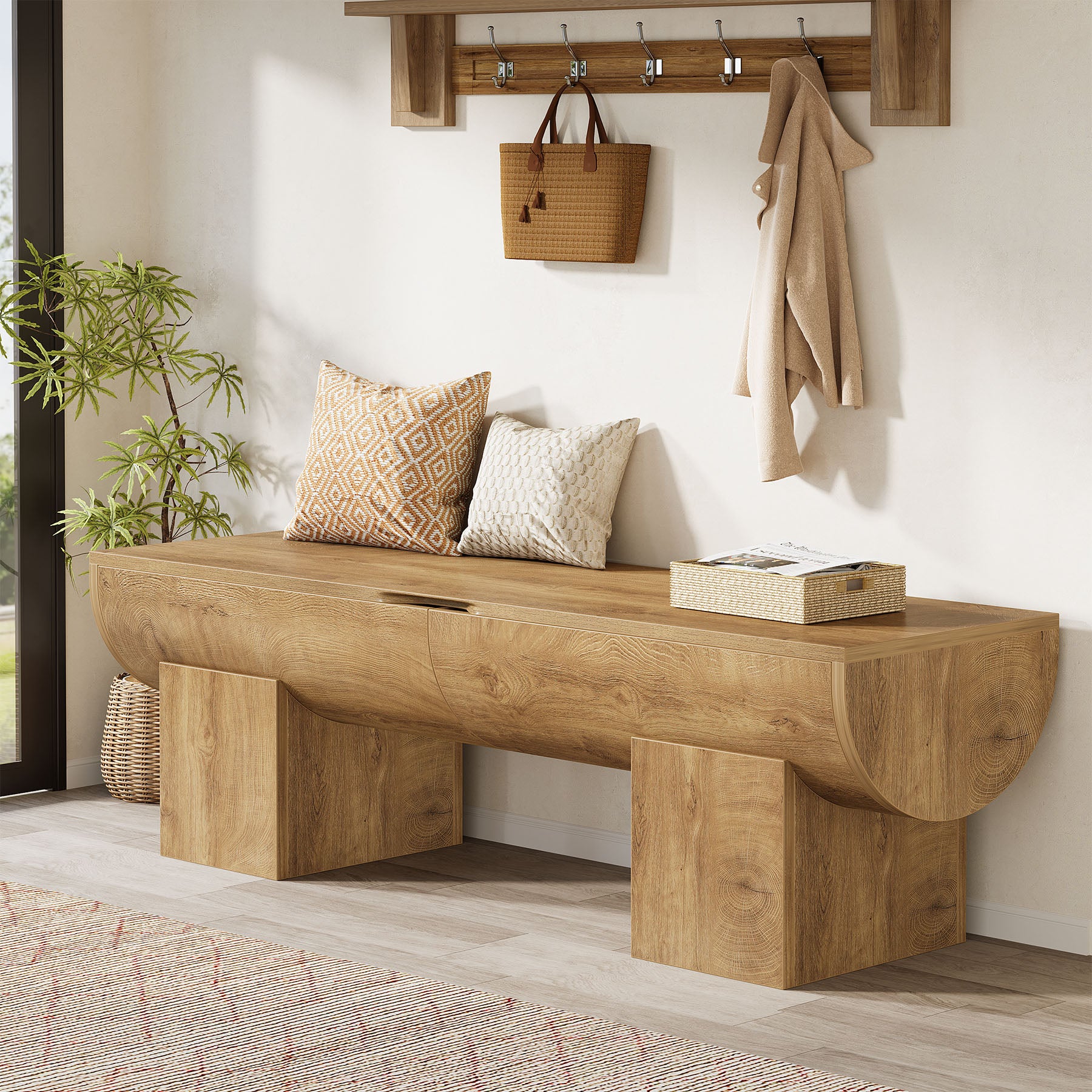 55.1-Inch Farmhouse Storage Bench with Flip-Top Storage and 2 Safety Hinges