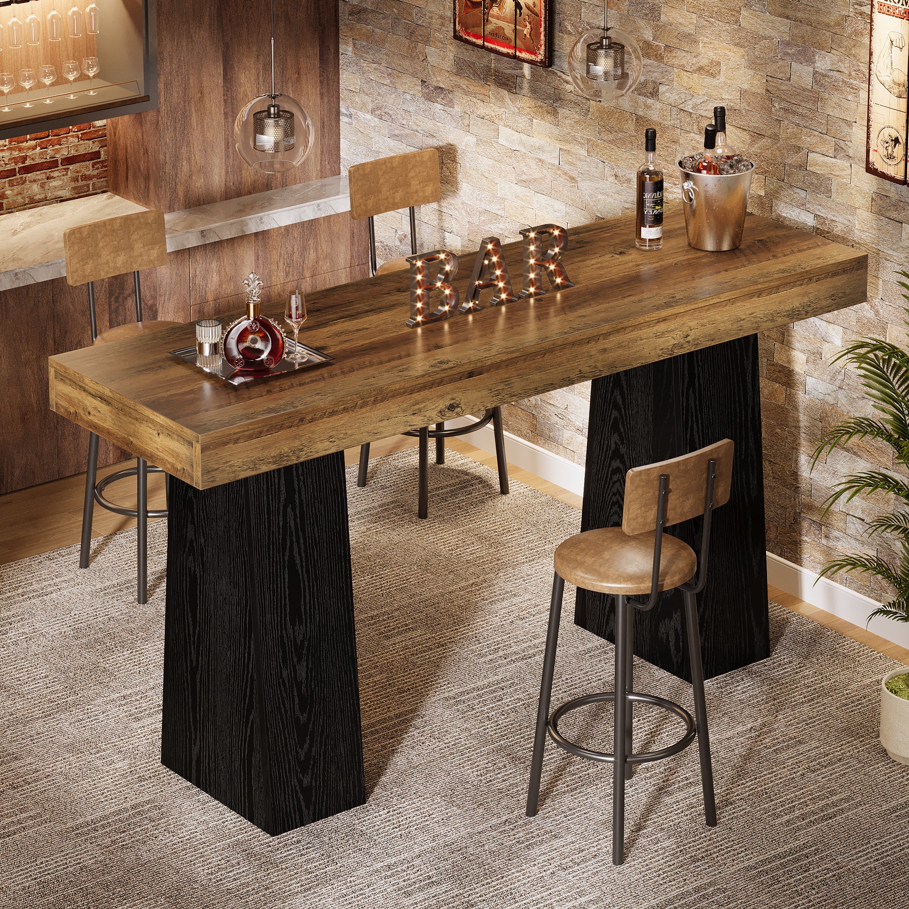 63-Inch Bar Height Table with Thick Top, Rustic Wood Counter Table for Kitchen