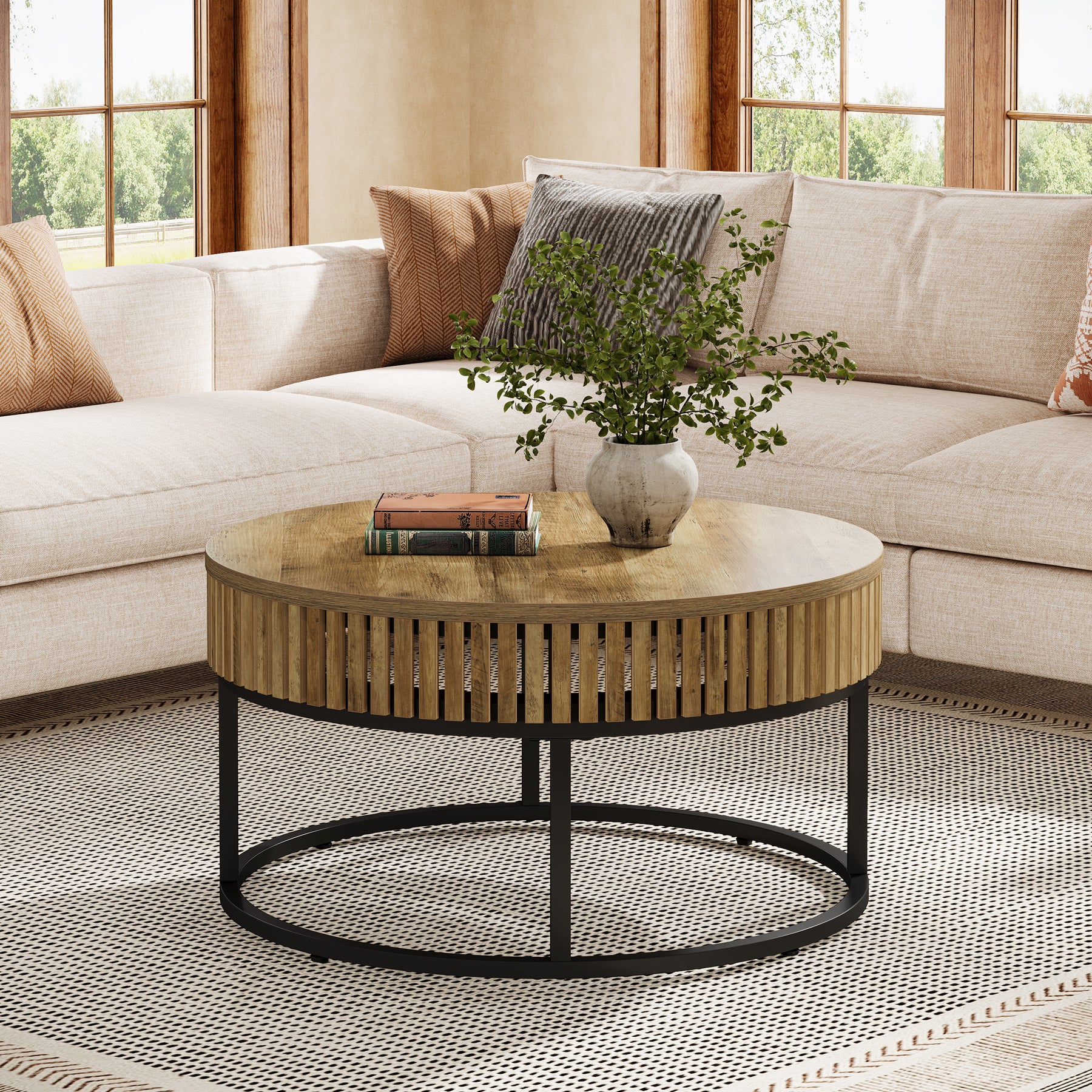 Tribesigns 31.5-Inch Round Coffee Table, Farmhouse Cocktail Table with Black Metal Legs for Living Room