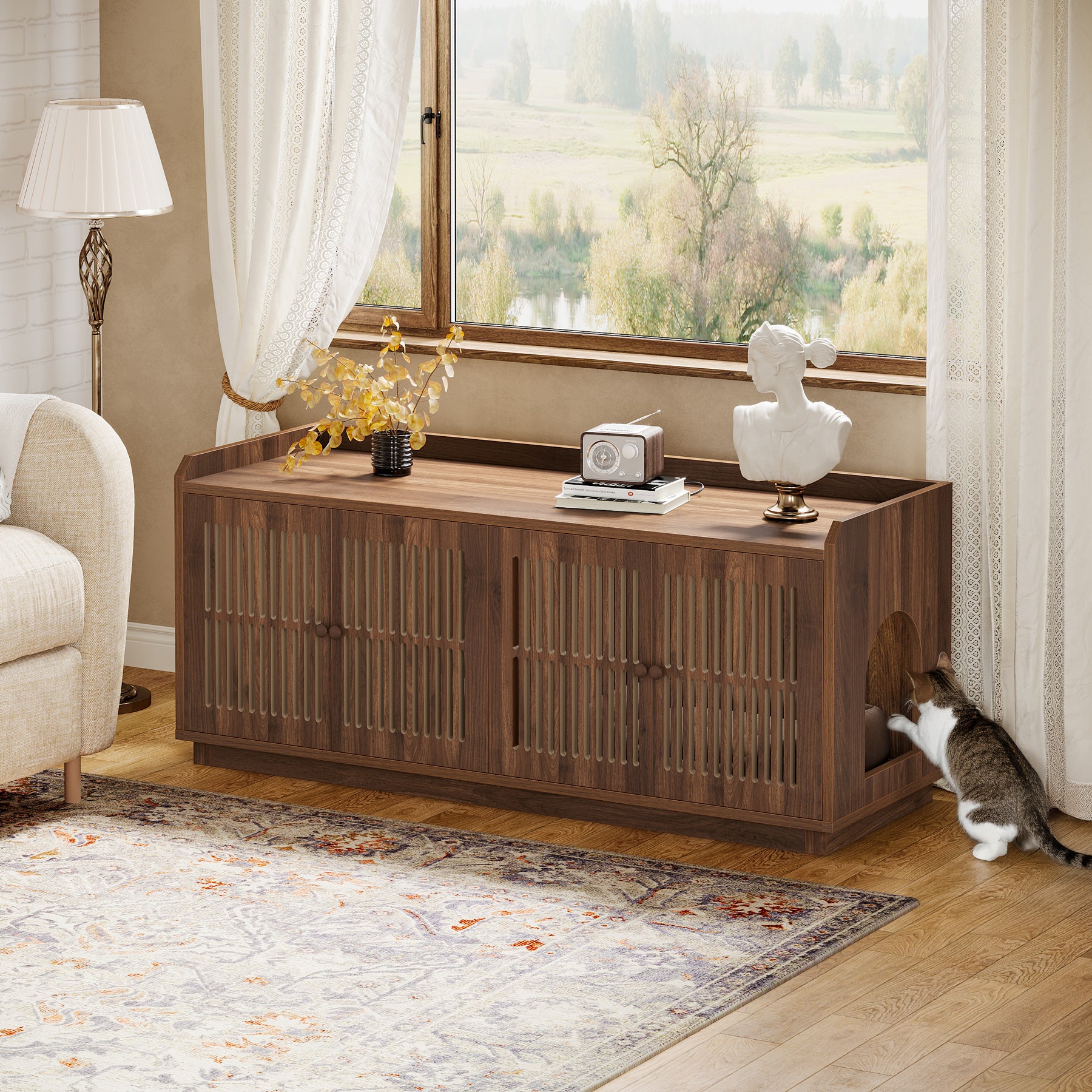 55.1-Inch Extra Large Cat Litter Box Enclosure for 2 Cats with 2 Cabinets and Side Entry, Hidden Wooden Cat Washroom Furniture for Living Room
