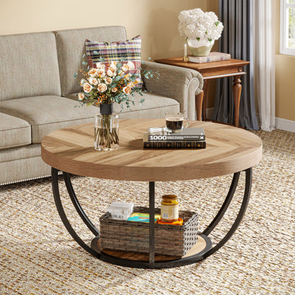 Round Wooden Coffee Table with 2-Tier Shelves