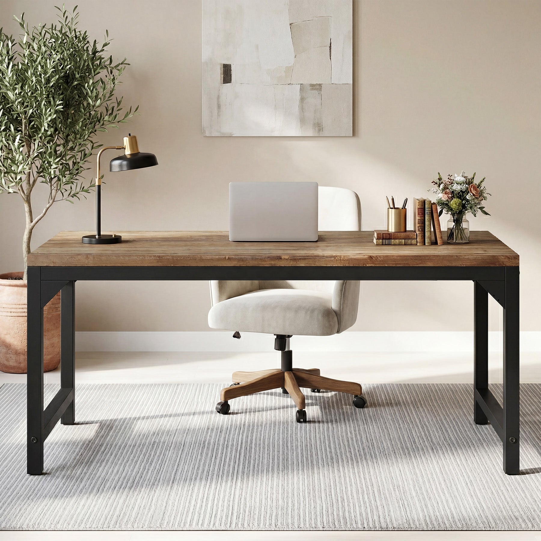 63-Inch Solid Wood Office Desk with Metal Frame and 800 lb Capacity, Heavy-Duty Computer Desk for Home Office