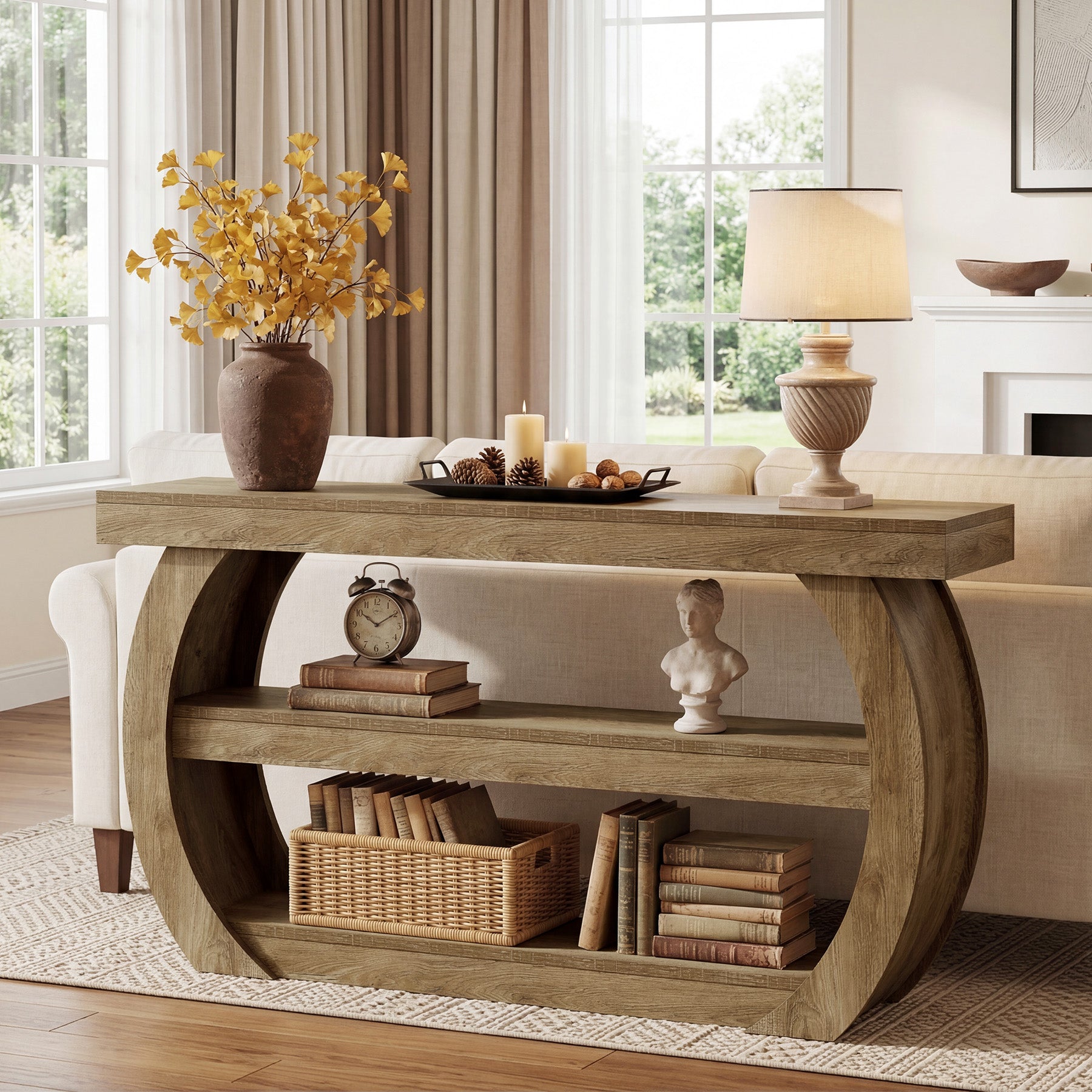 63" Farmhouse Console Table with 3-Tier Storage, Long Wooden Sofa Table for Entryway and Living Room