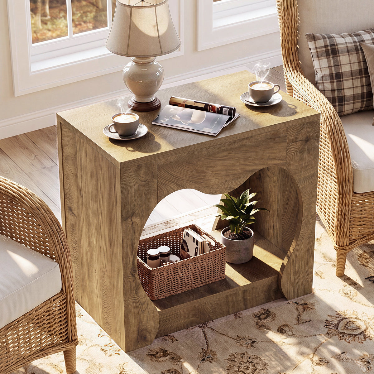 Tribesigns 27.56 Inch End Table with 2-Tier Storage Shelves and Curved Hollow Design, Farmhouse Side Table