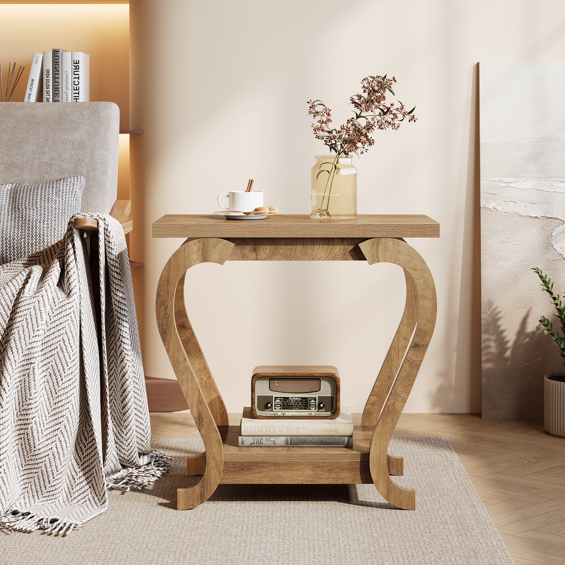 Brown Wooden End Table, 23.62 Inch 2-Tier Side Table for Small Spaces