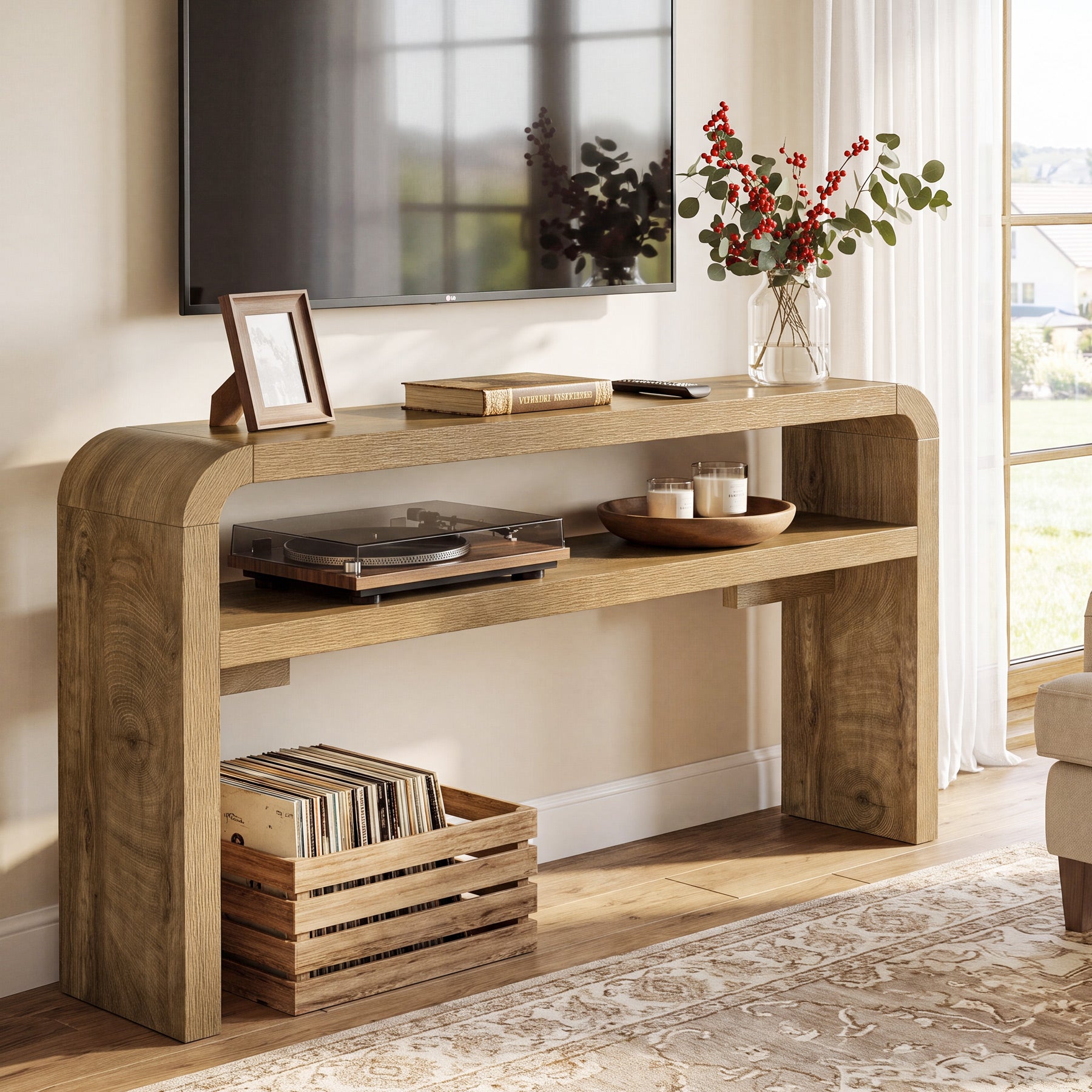 63 Inch Long Console Table with 2-Tier Storage, Narrow Sofa Table for Living Room