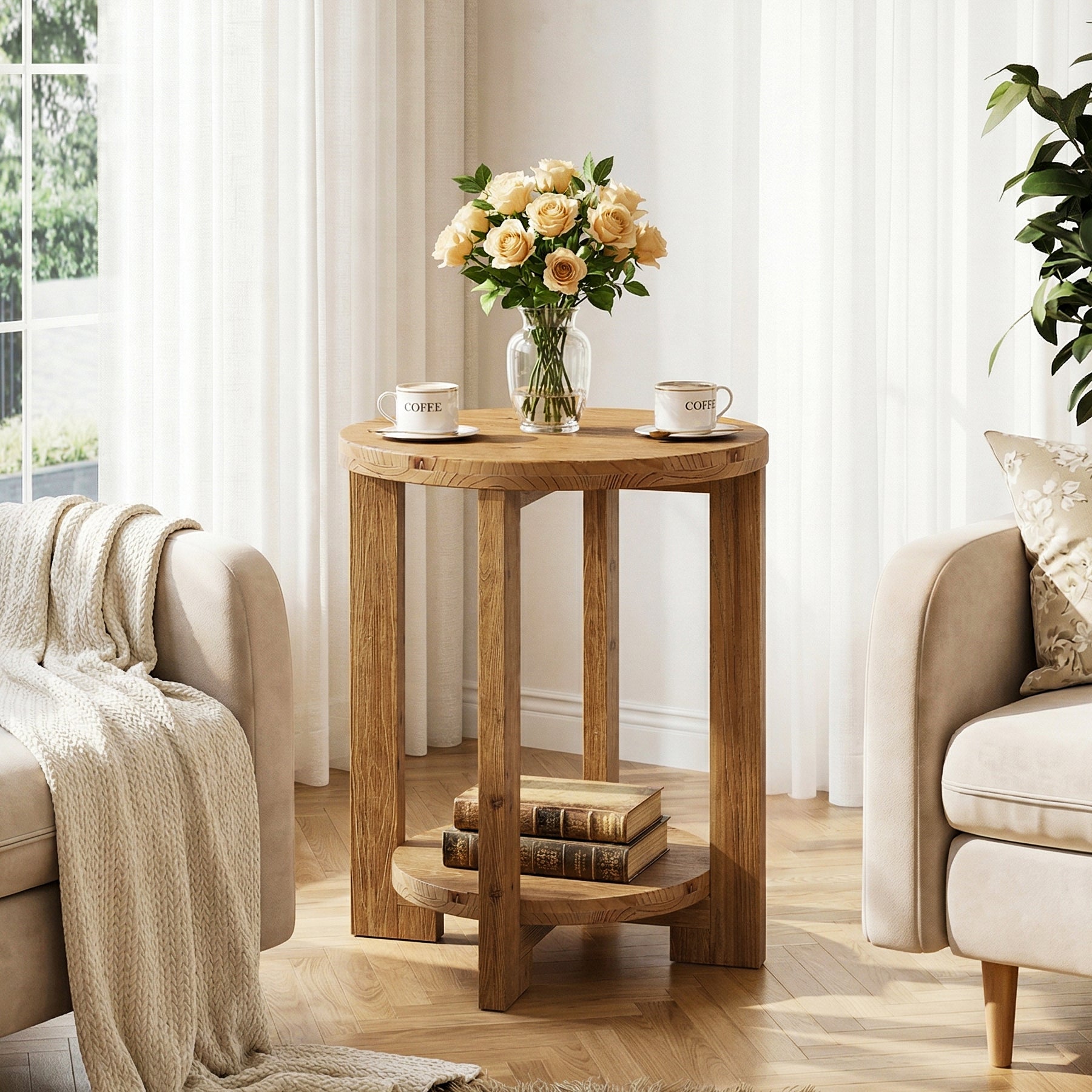 Tribesigns 19.69" Solid Wood Round End Table with 2-Tier Storage Shelf, Living Room Side Table