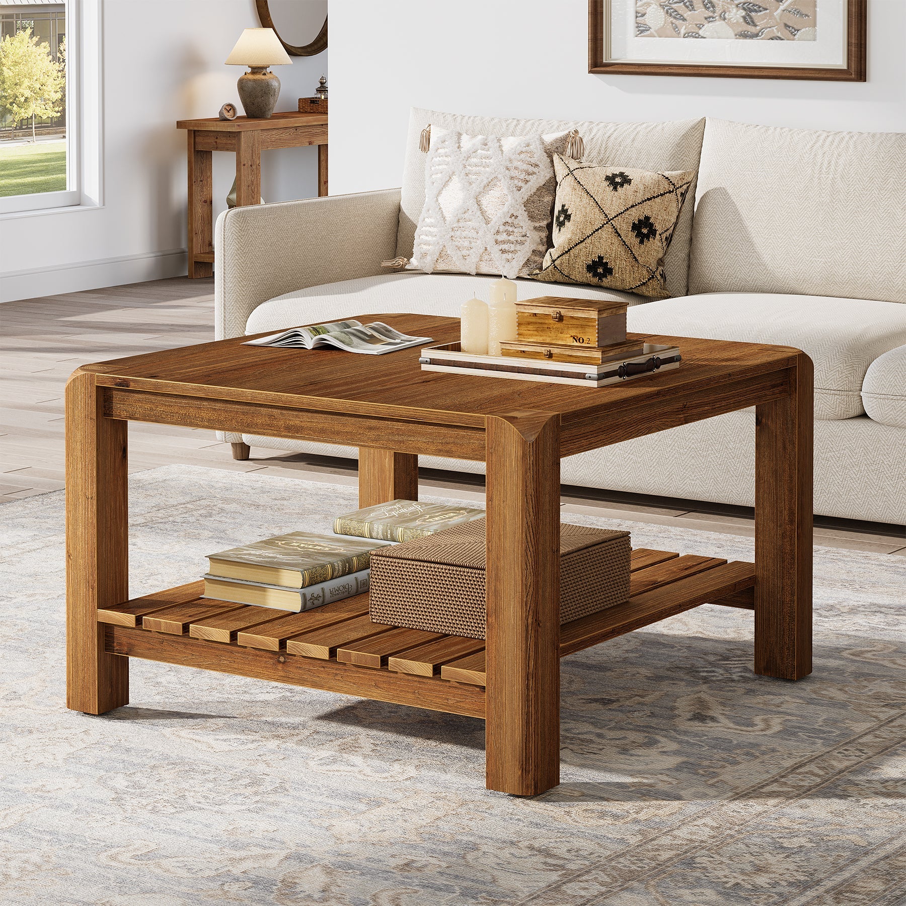 31.5" Solid Wood Coffee Table, 2-Tier Square Table with Rounded Corners