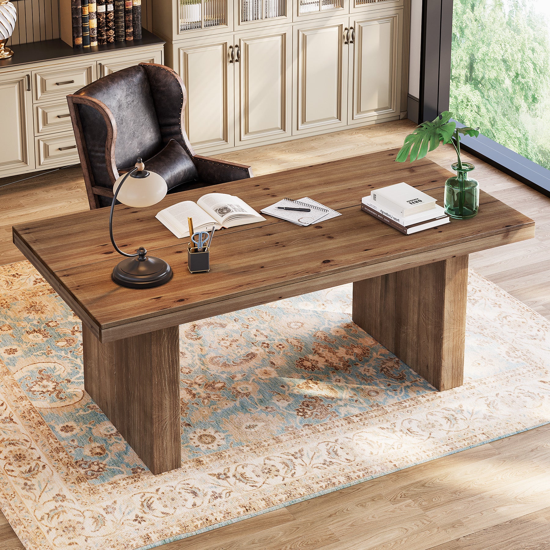 Tribesigns 63-Inch Solid Wood Executive Desk with Spacious Tabletop and Sturdy Wooden Legs, Farmhouse Computer Desk for Home Office Study and Workstation