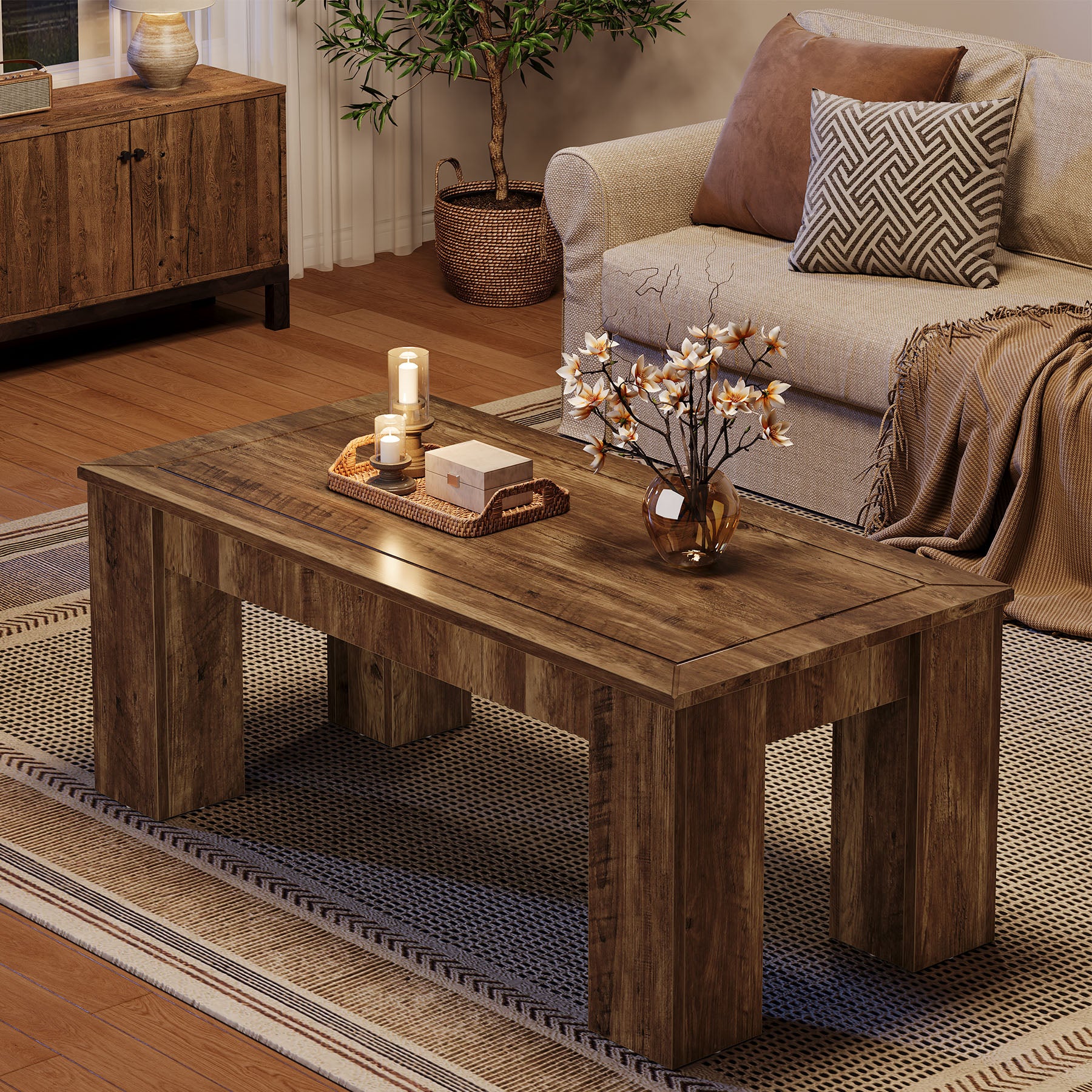 47" Rectangle Coffee Table for Living Room, Farmhouse Style Center Table with Sturdy Legs