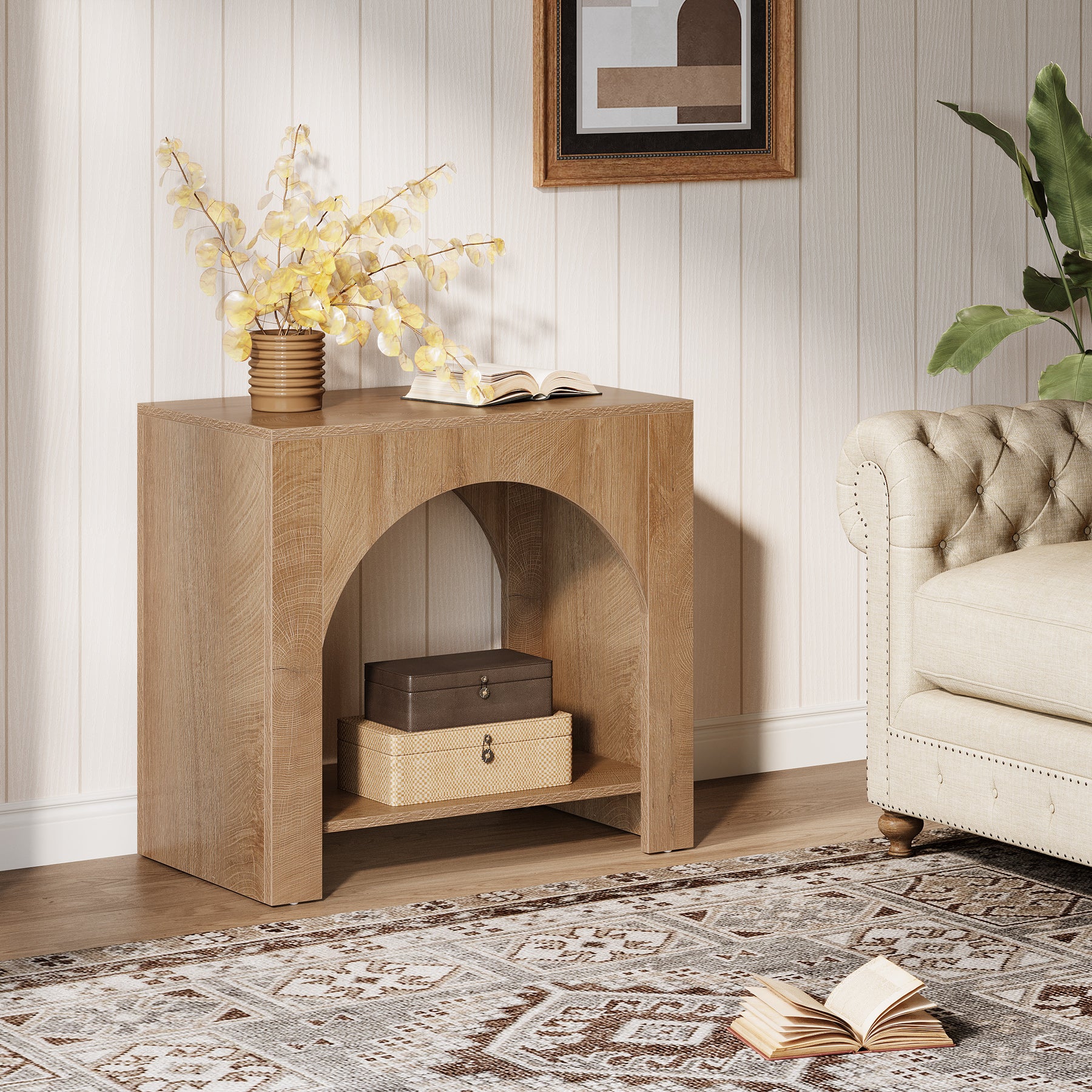 Tribesigns 27.6 Inch Farmhouse Side Table with Storage, Large Wooden End Table with Cabinet Shelf for Living Room