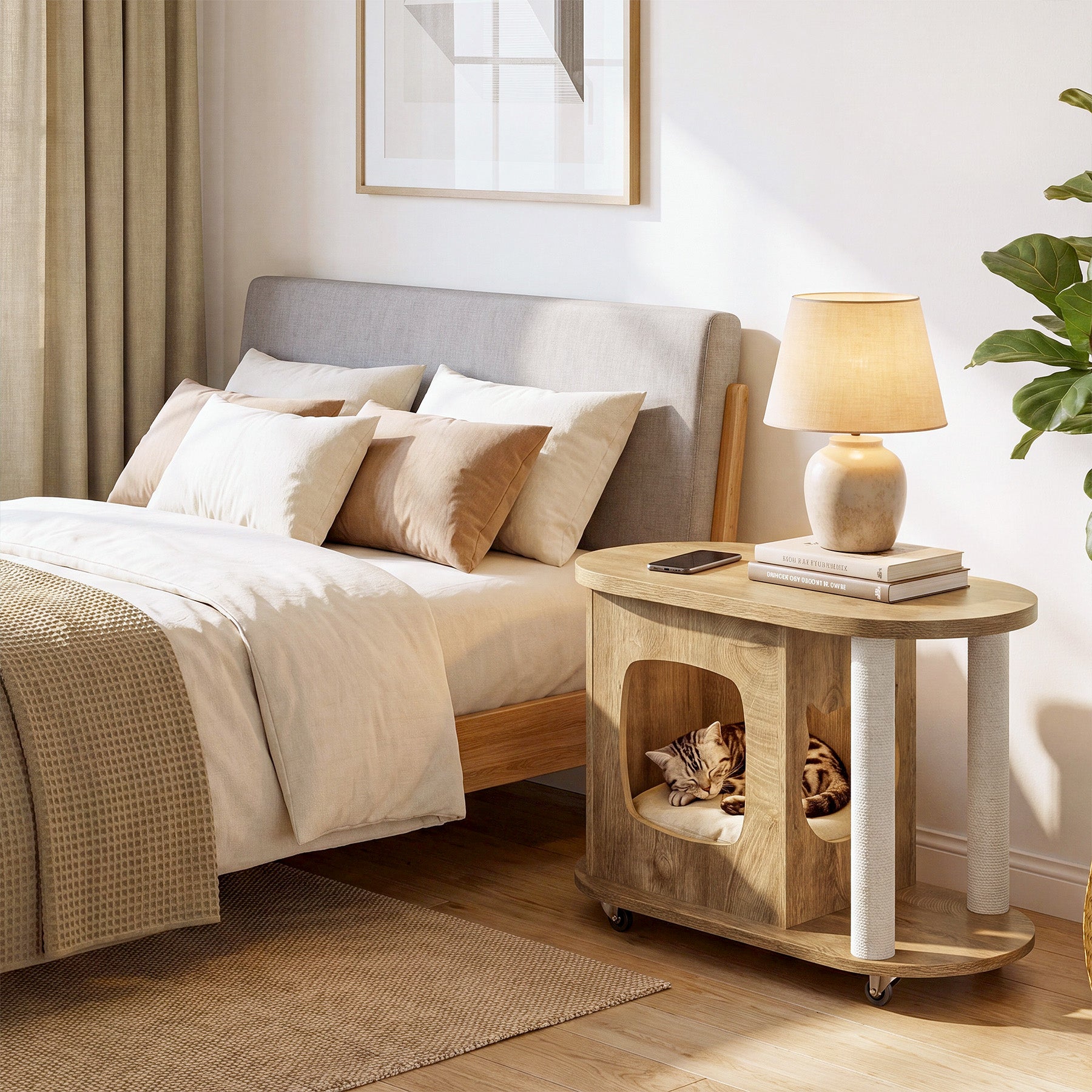 31.5-Inch End Table with Cat Scratching Posts, Wooden Cat Condo with Bed for Living Room