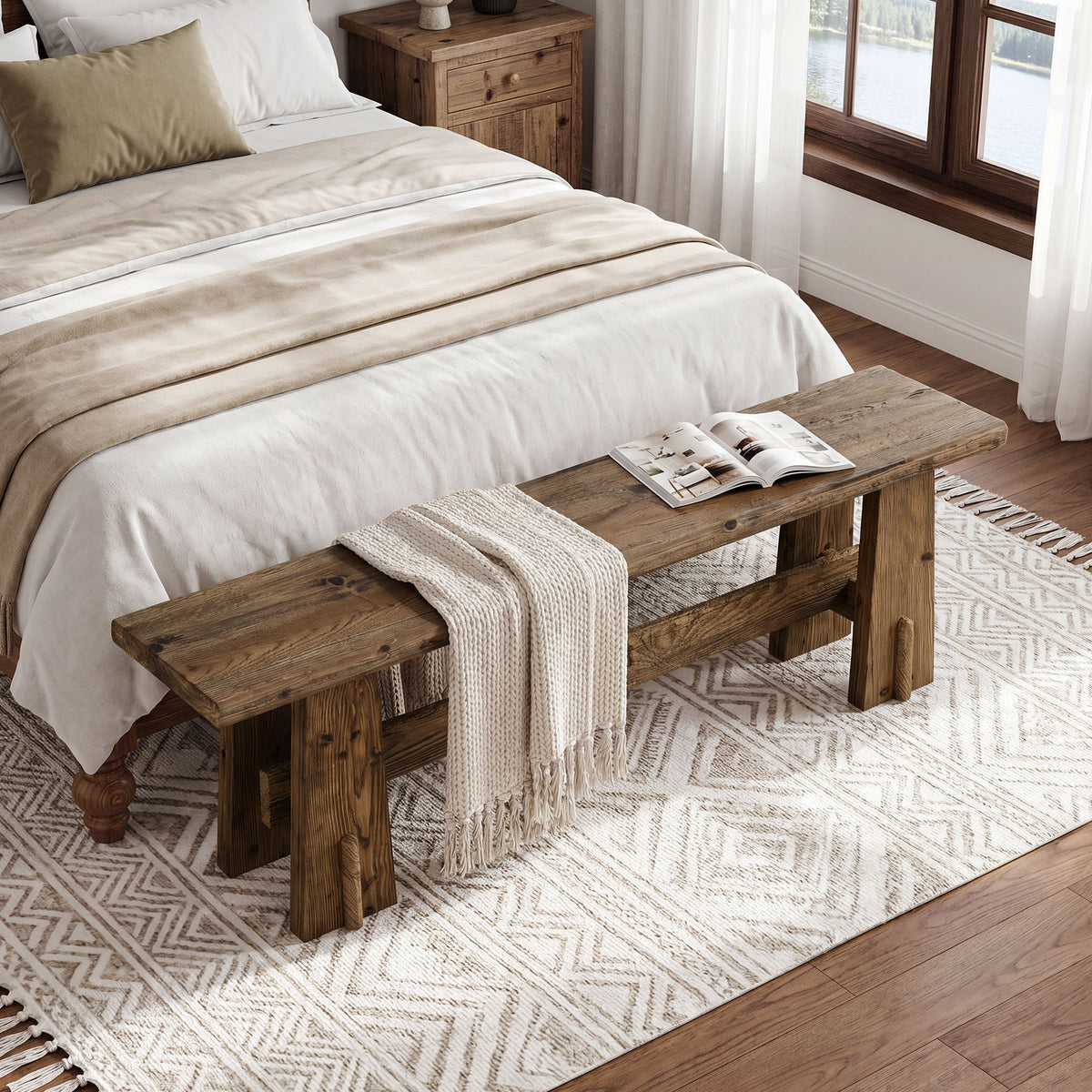 Tribesigns 59 Inch Solid Wood Bench with Rustic Farmhouse Design, Long Entryway Bench