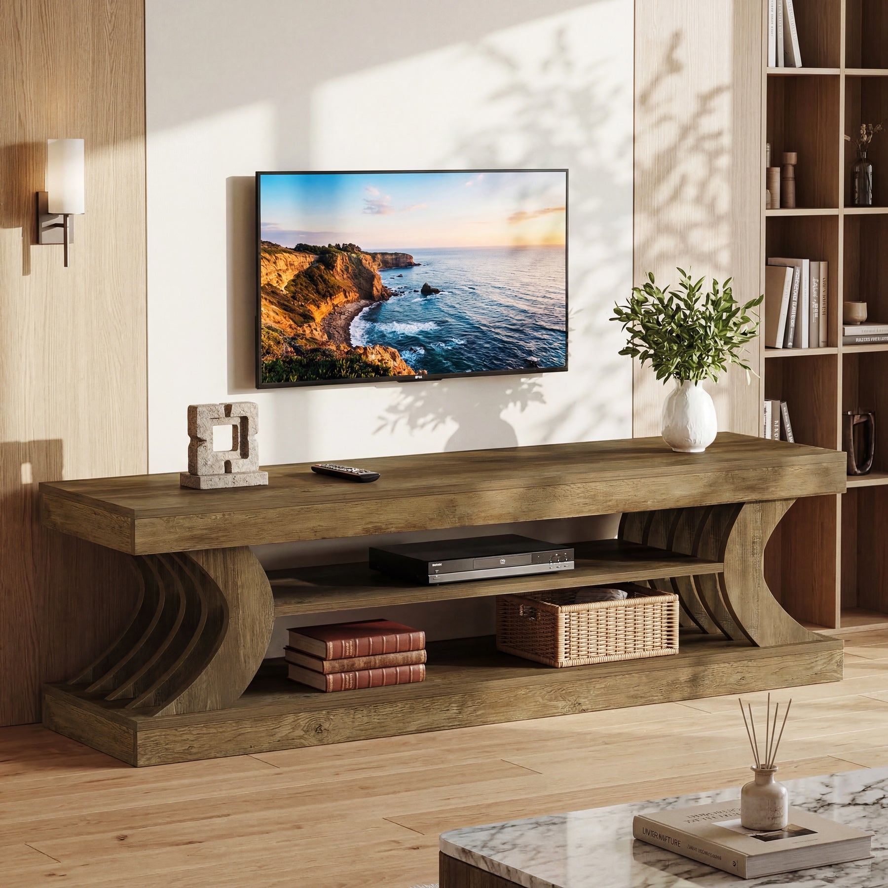 Tribesigns 63-Inch Farmhouse TV Stand with 3-Tier Storage, Curved Media Console for Living Room