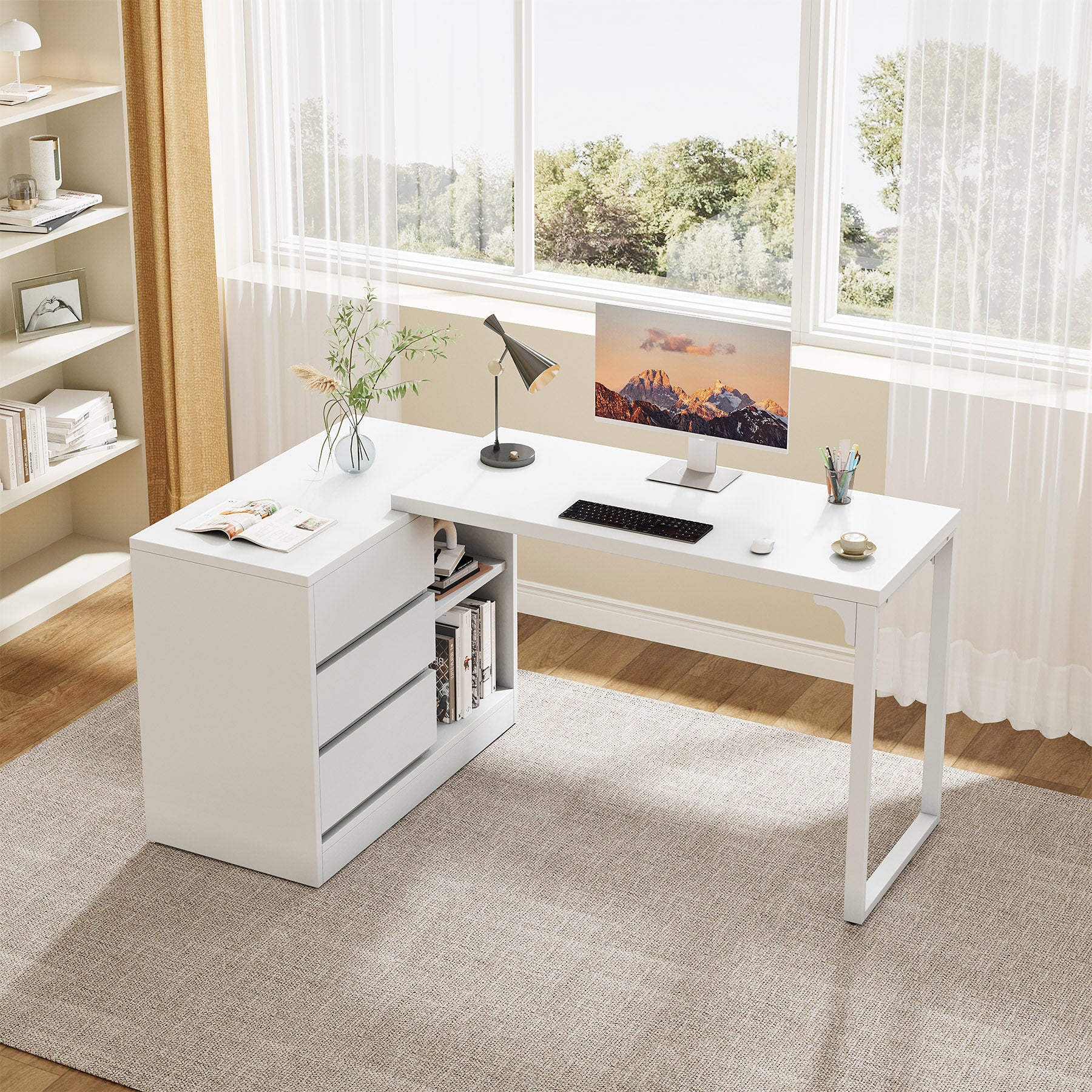 Tribesigns Reversible L-Shaped Computer Desk with Drawers and Shelves, White Corner Office Desk for Home Office and Bedroom