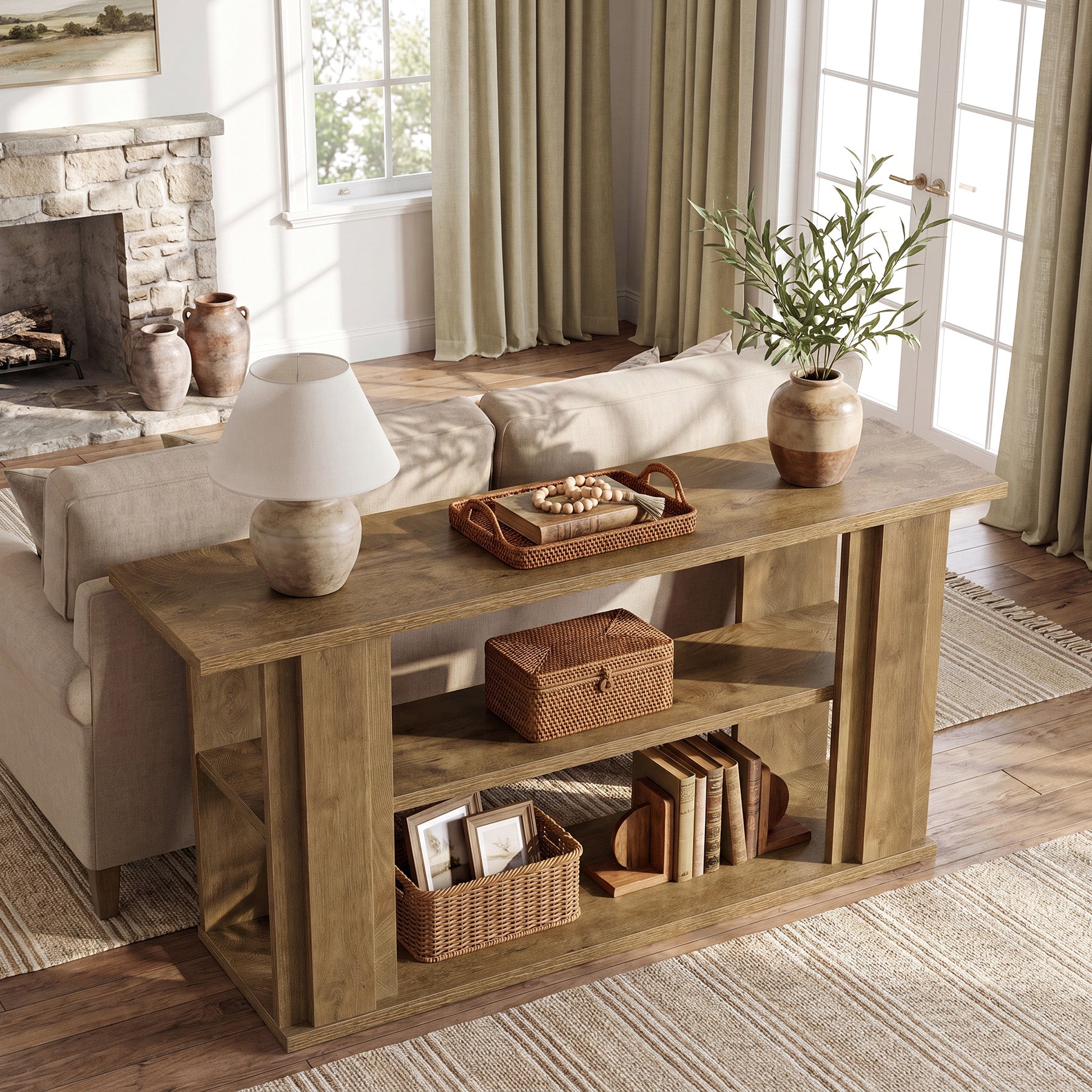 Tribesigns 63-Inch Farmhouse Console Table with 3-Tier Storage Shelves and Wide Panel Supports, Narrow Sofa Table for Living Room Hallway and Foyer