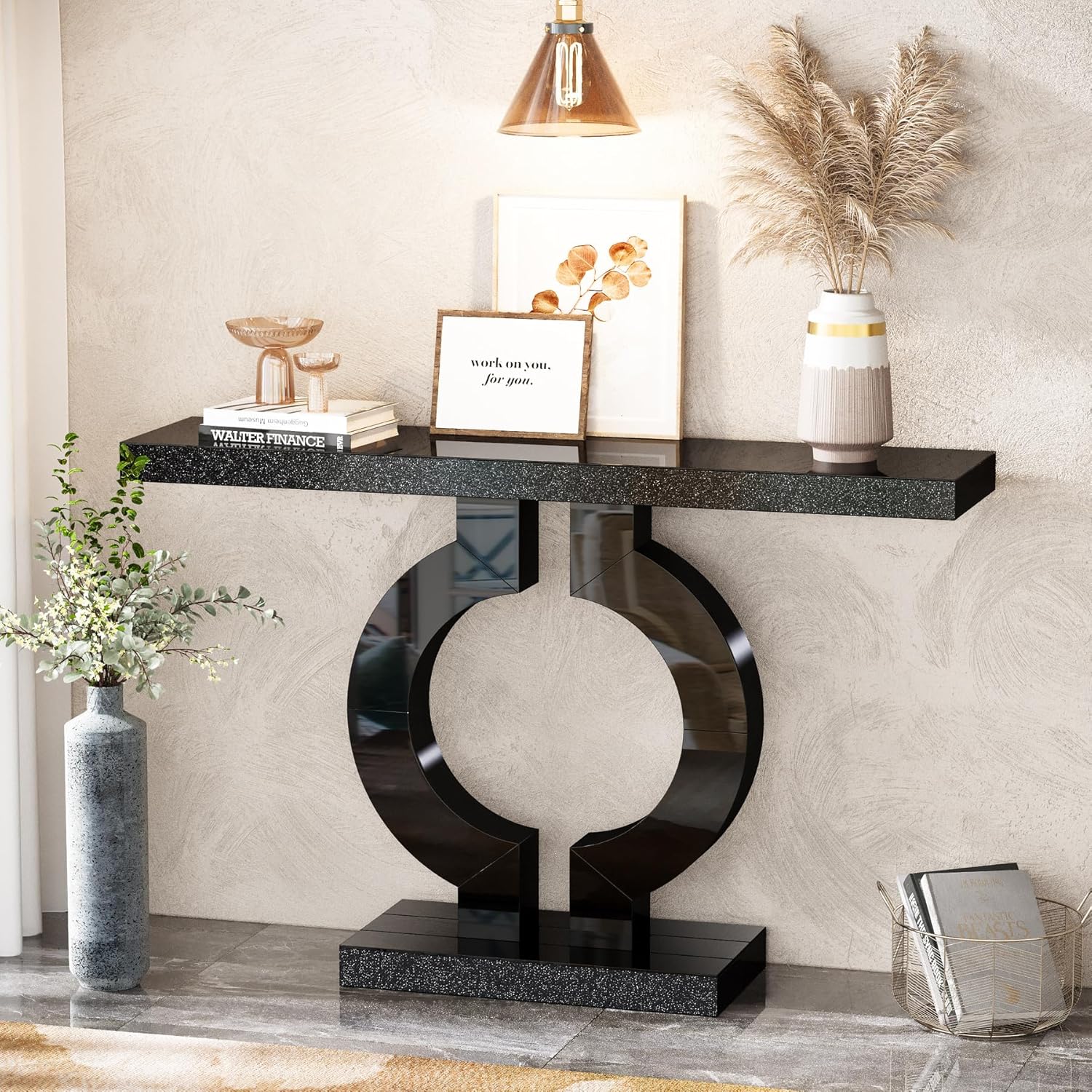 43" Modern Mirrored Console Table - O-Shaped Black Base Narrow Entryway & Sofa Table with Glass Finish