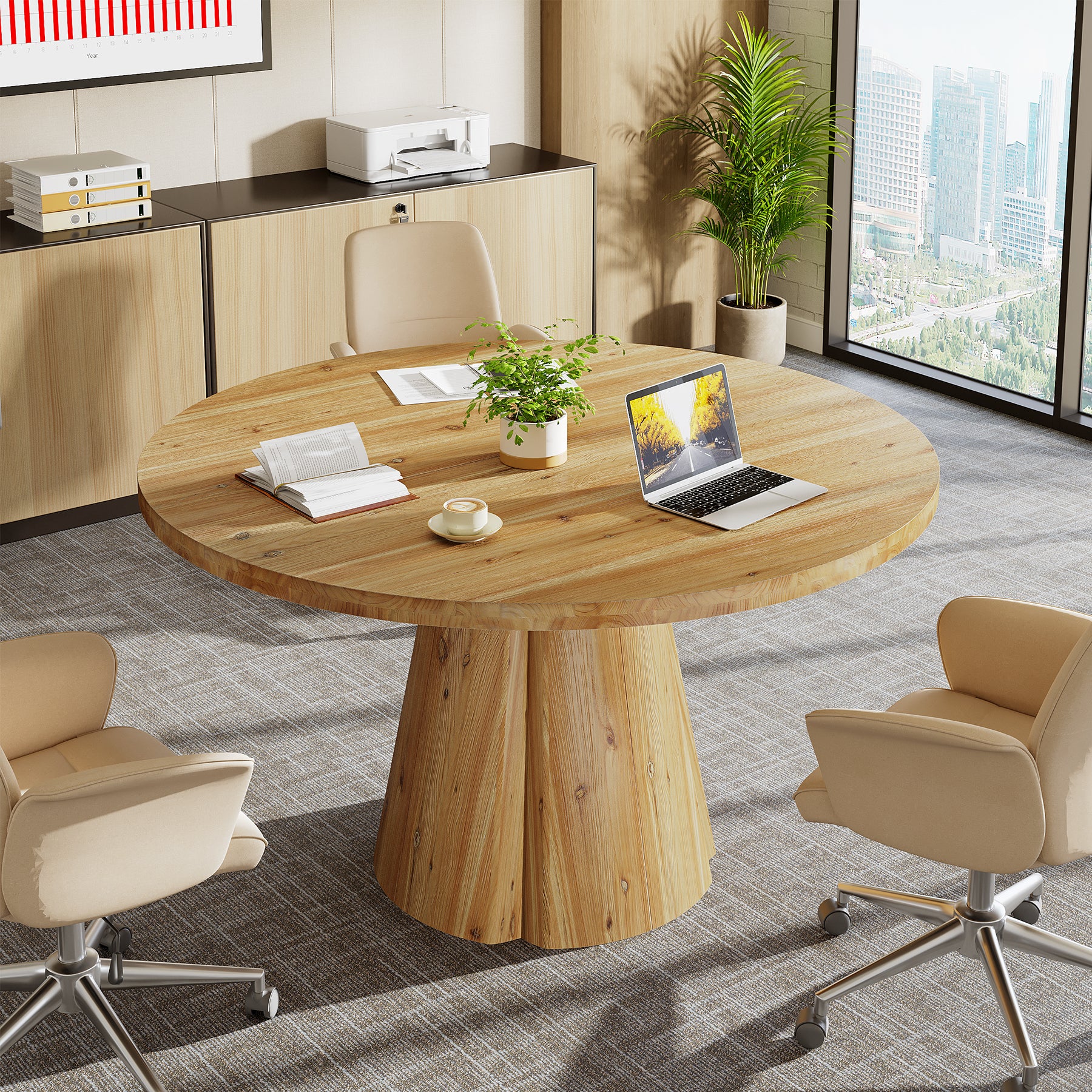 Tribesigns 47.24-Inch Solid Wood Conference Table, Rustic Round Meeting Table with Pedestal Base for Office