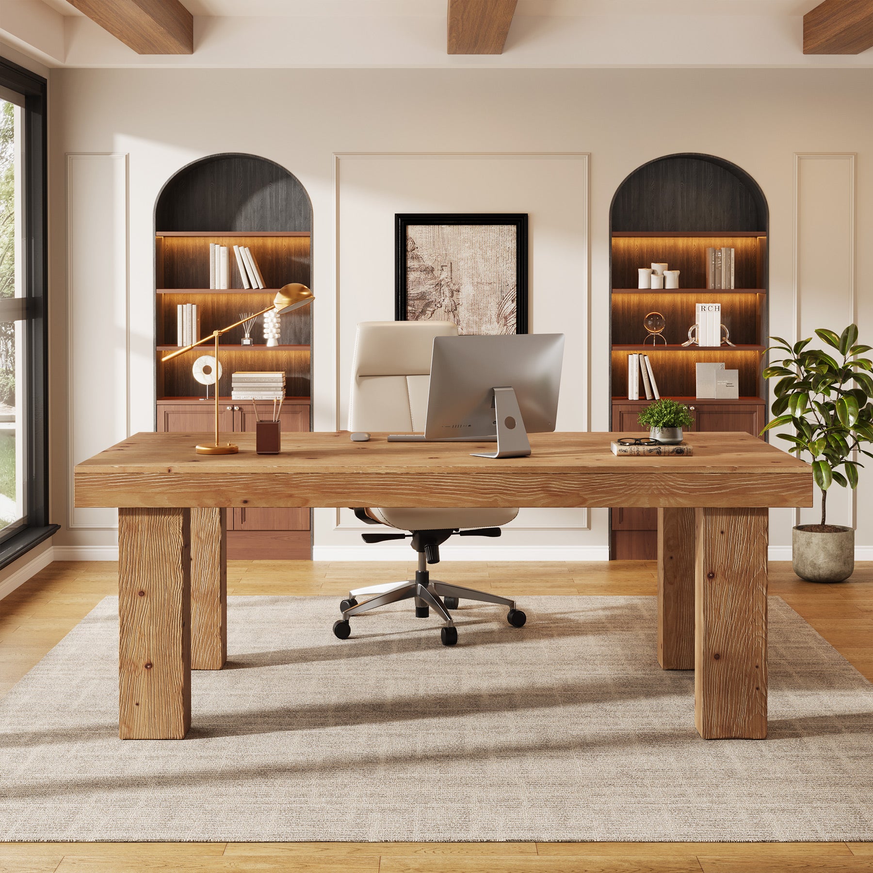 63-Inch Solid Wood Executive Desk with 3.74-Inch Thick Desktop and 350 lb Capacity, Farmhouse Computer Desk for Home Office Study and Business Workstation
