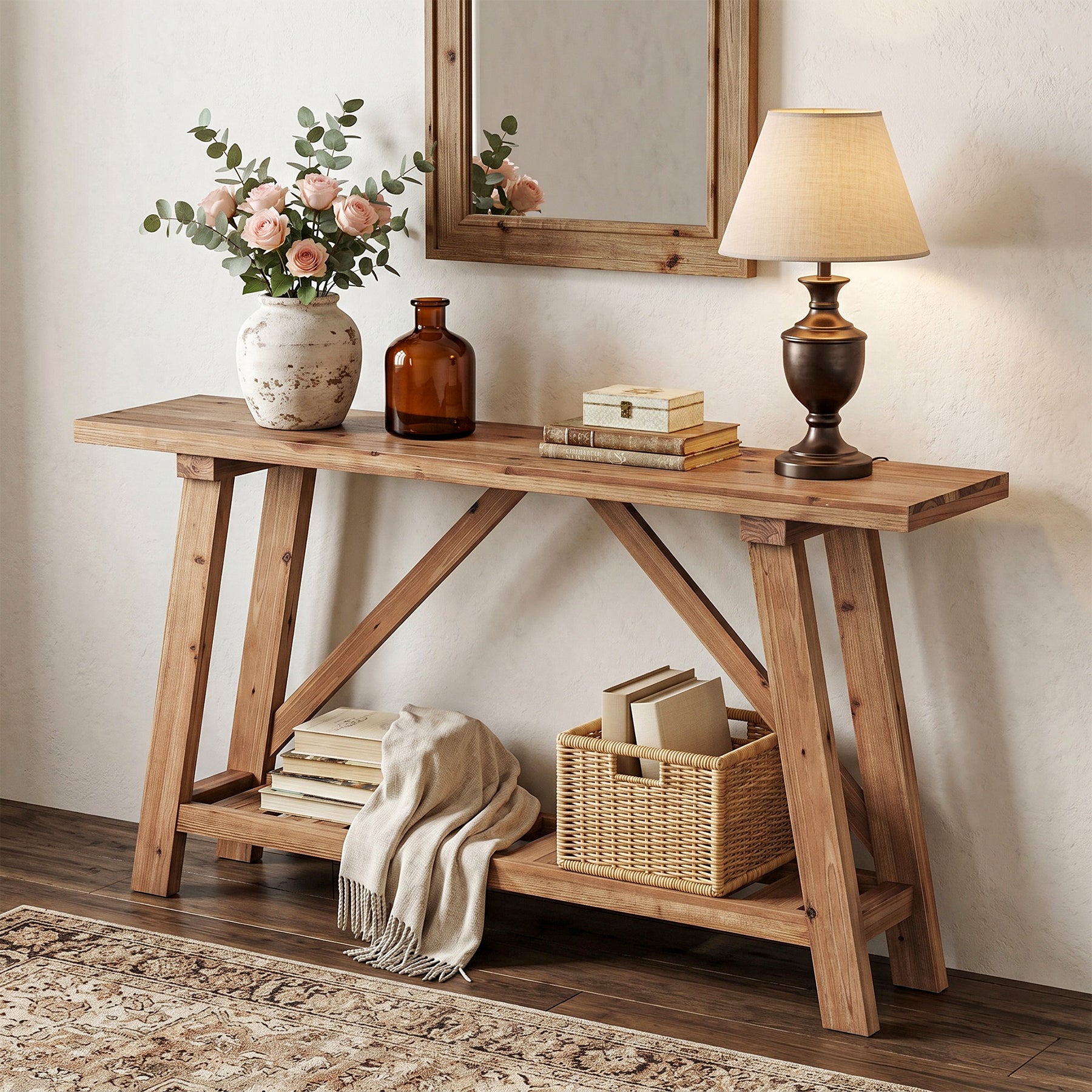 Tribesigns 62.99-Inch Solid Wood Console Table, Narrow Design with Storage Shelf for Entryway Living Room and Hallway