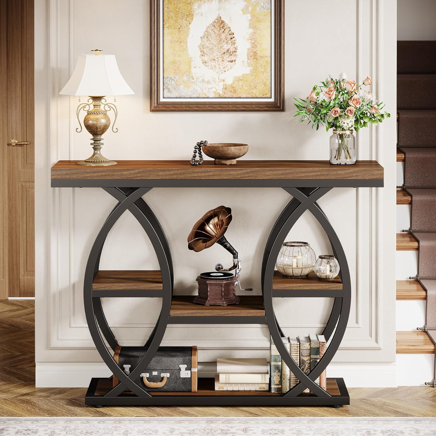 39.4" Industrial Console Table - 4-Tier Narrow Sofa Table with Metal Frame & Storage, Rustic Brown