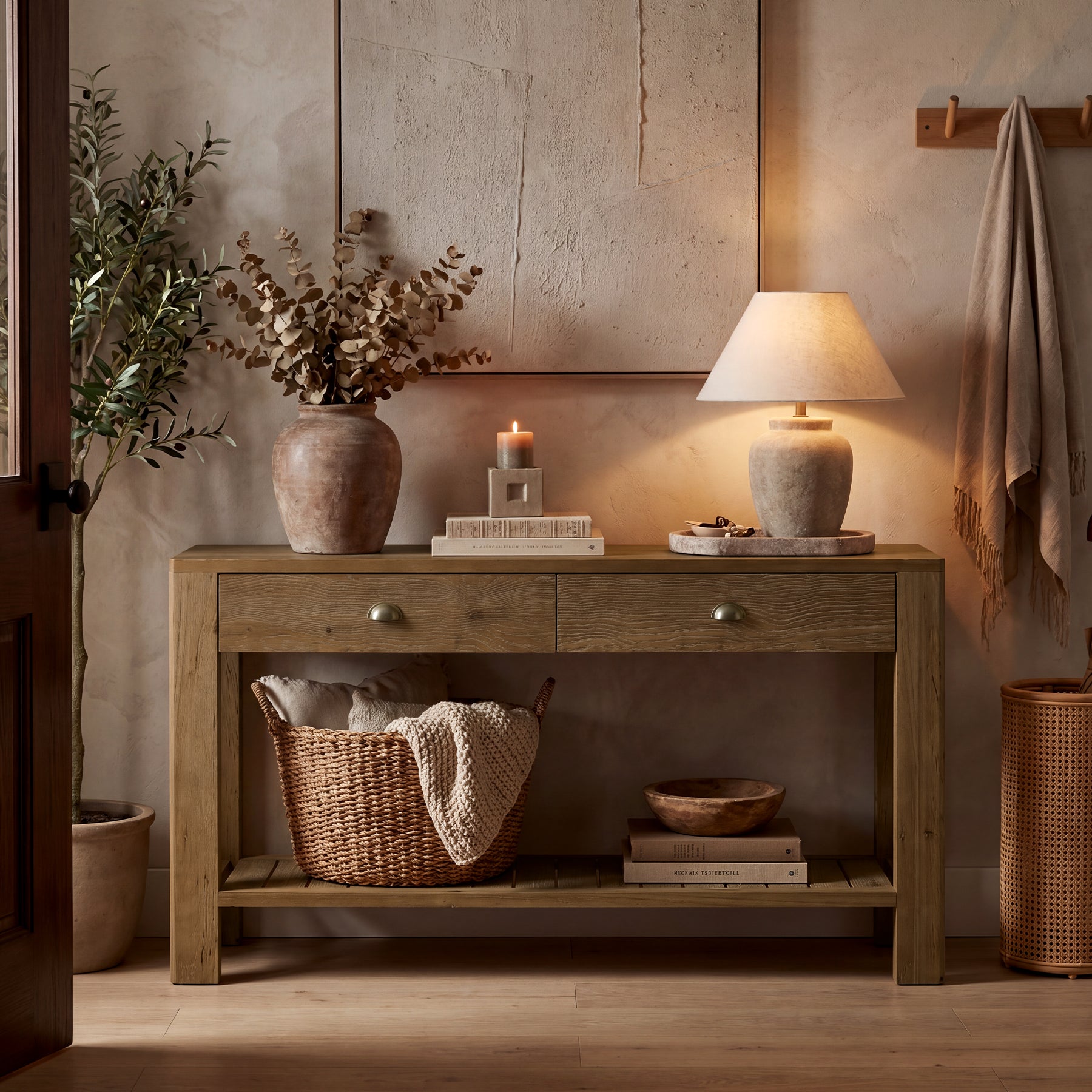 Tribesigns 55.12 Inch Solid Fir Wood Console Table with 2 Drawers, Narrow Hallway Table with Shelf