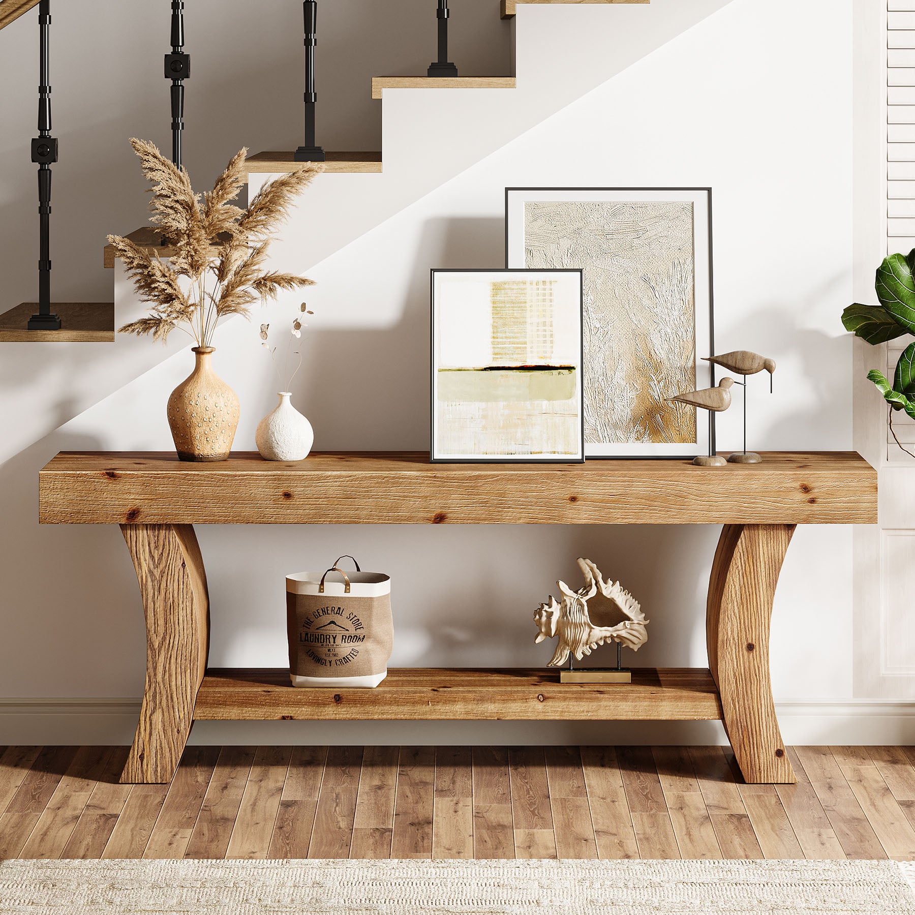 Tribesigns 63-Inch Solid Wood Console Table with Curved Legs and Storage Shelf, Farmhouse Sofa Table for Entryway Living Room and Behind Couch