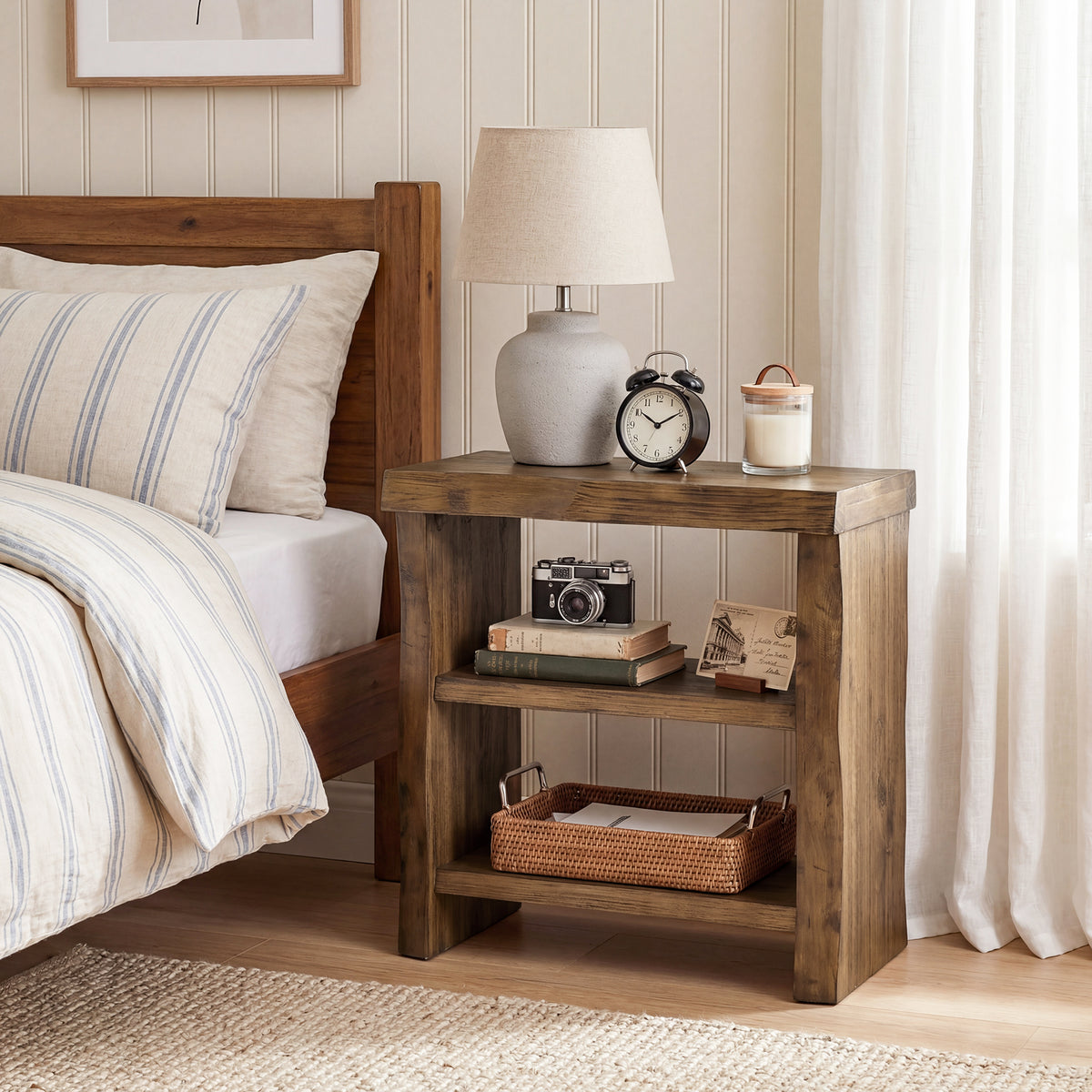 23.62 Inch Solid Wood End Table with 3-Tier Storage Shelves and Live-Edge Design, Narrow Side Table for Living Room