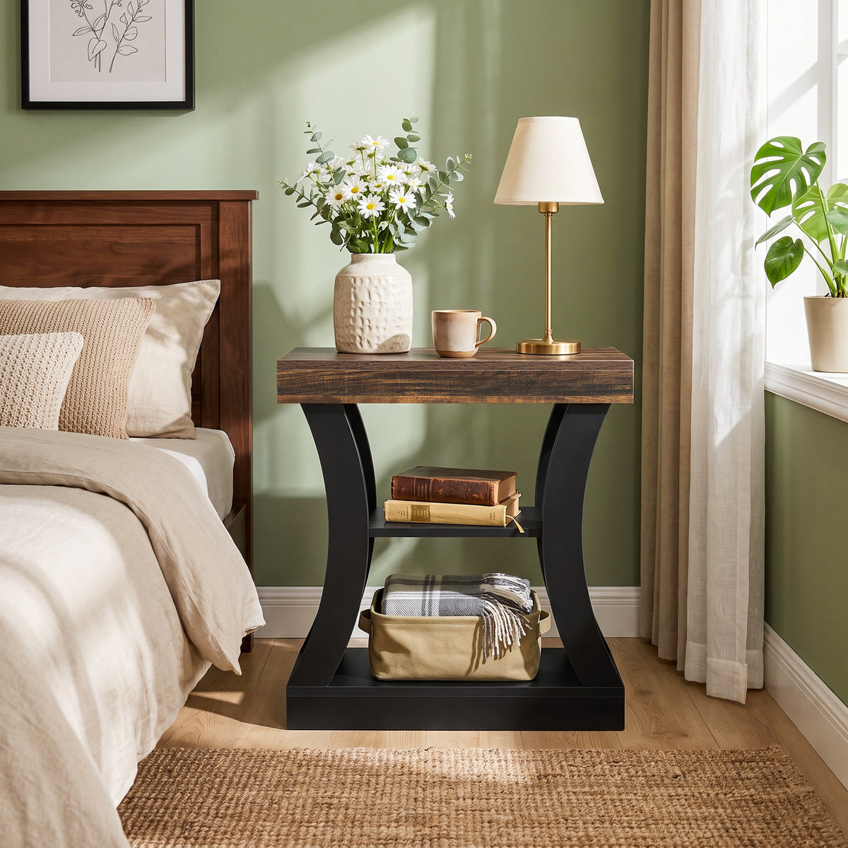 Tribesigns 23.6 Inch Nightstand with 3-Tier Storage Shelves, Modern Bedside Table for Bedroom