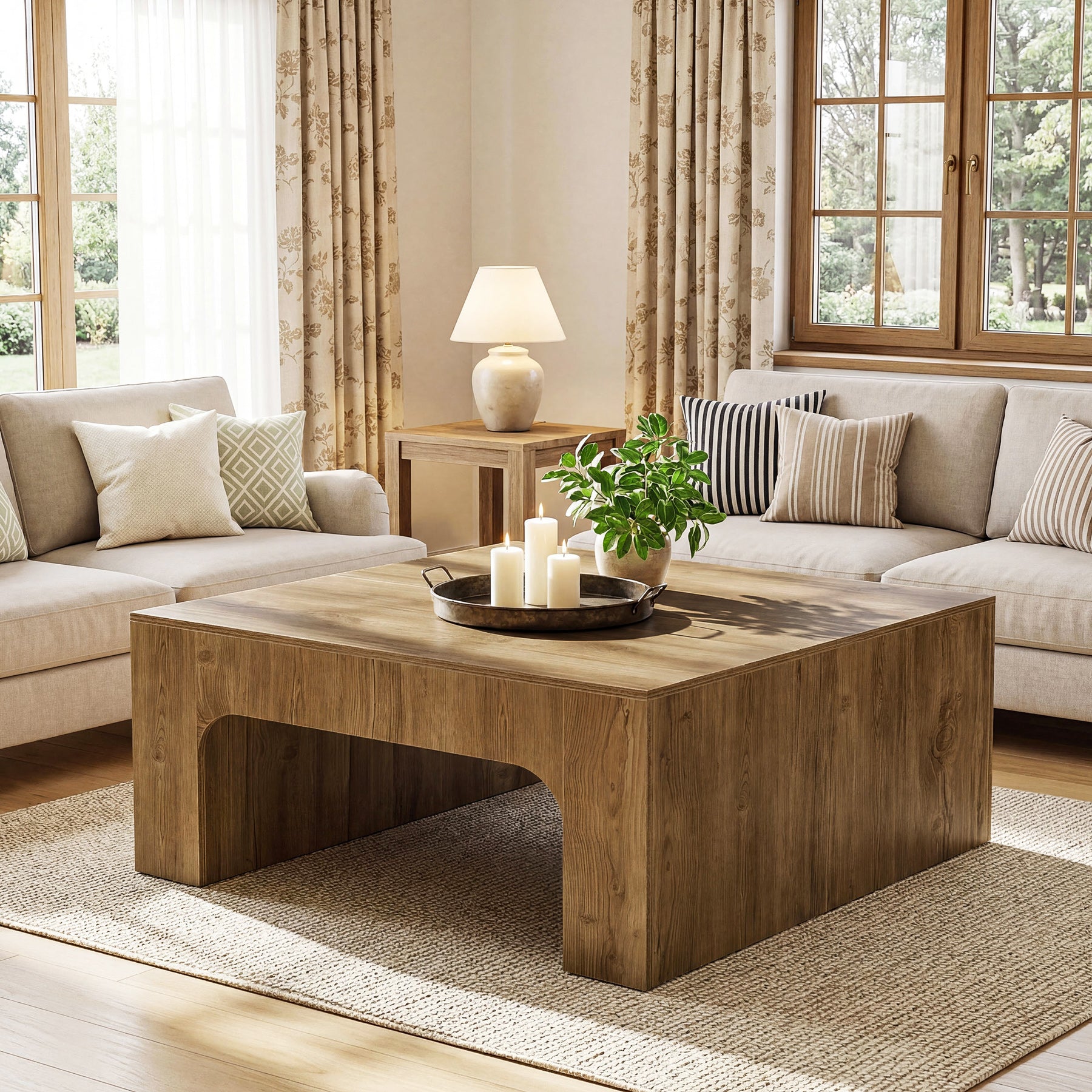 39 Inch Square Coffee Table, Farmhouse Wooden Center Table with Curved Design for Living Room