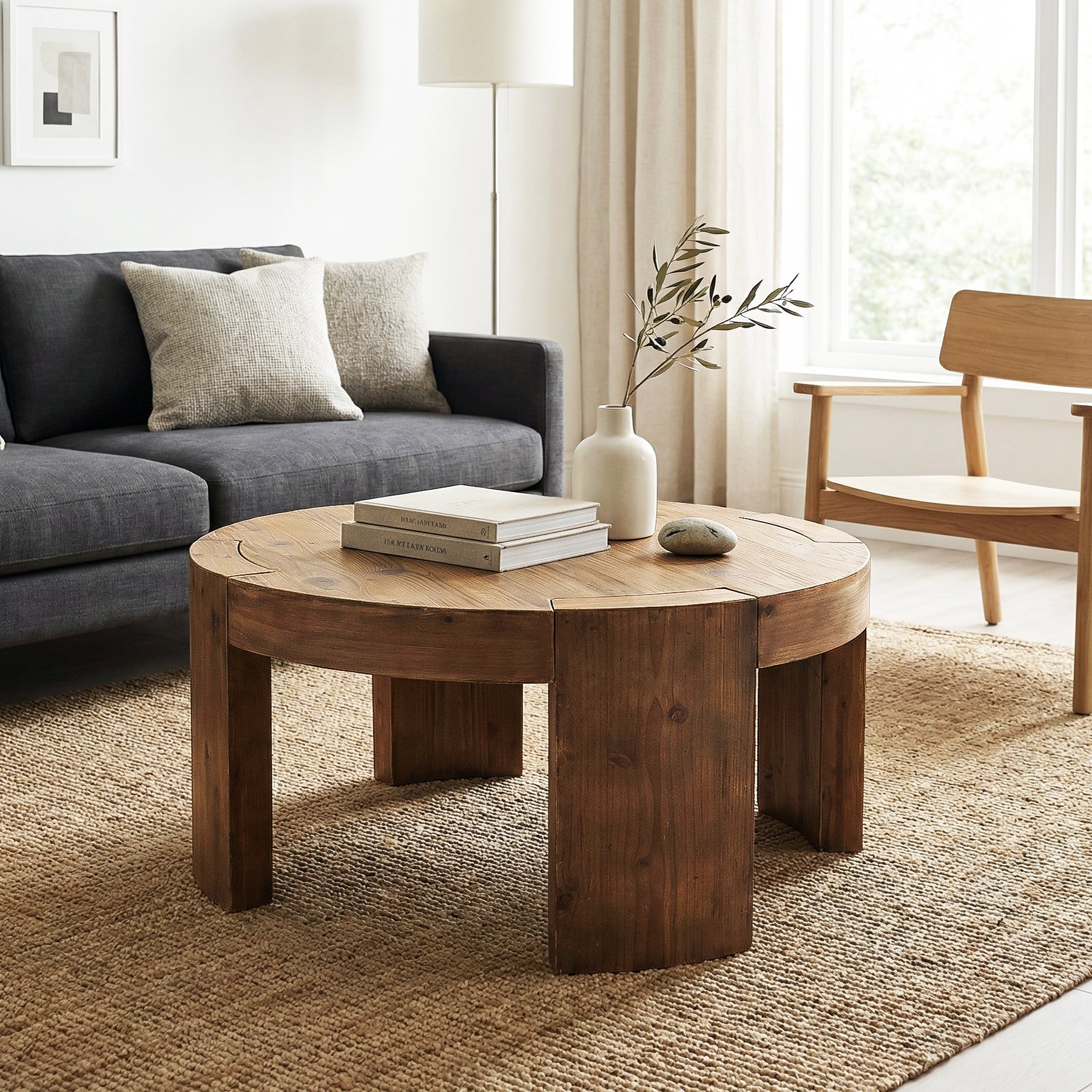31.5 Inch Solid Wood Round Coffee Table with Integrated Tabletop, Farmhouse Center Table for Living Room