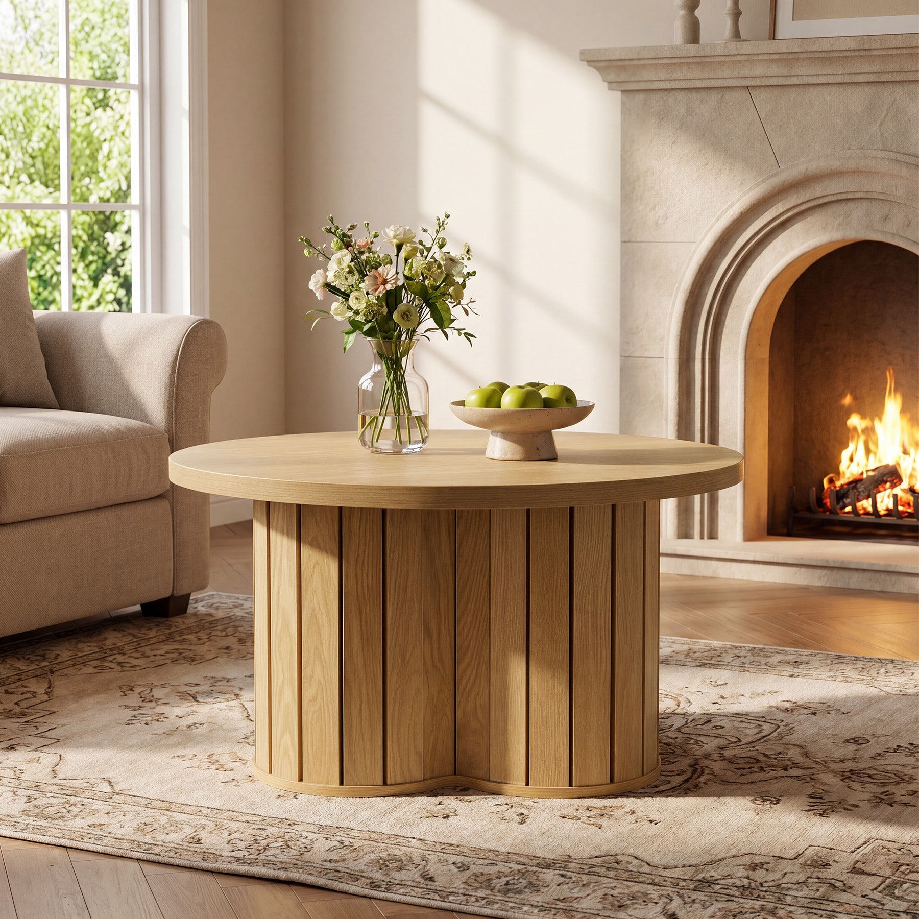 31.5-Inch Round Coffee Table, Wooden Circle Center Table with Fluted Three-Lobed Base for Living Room Apartment