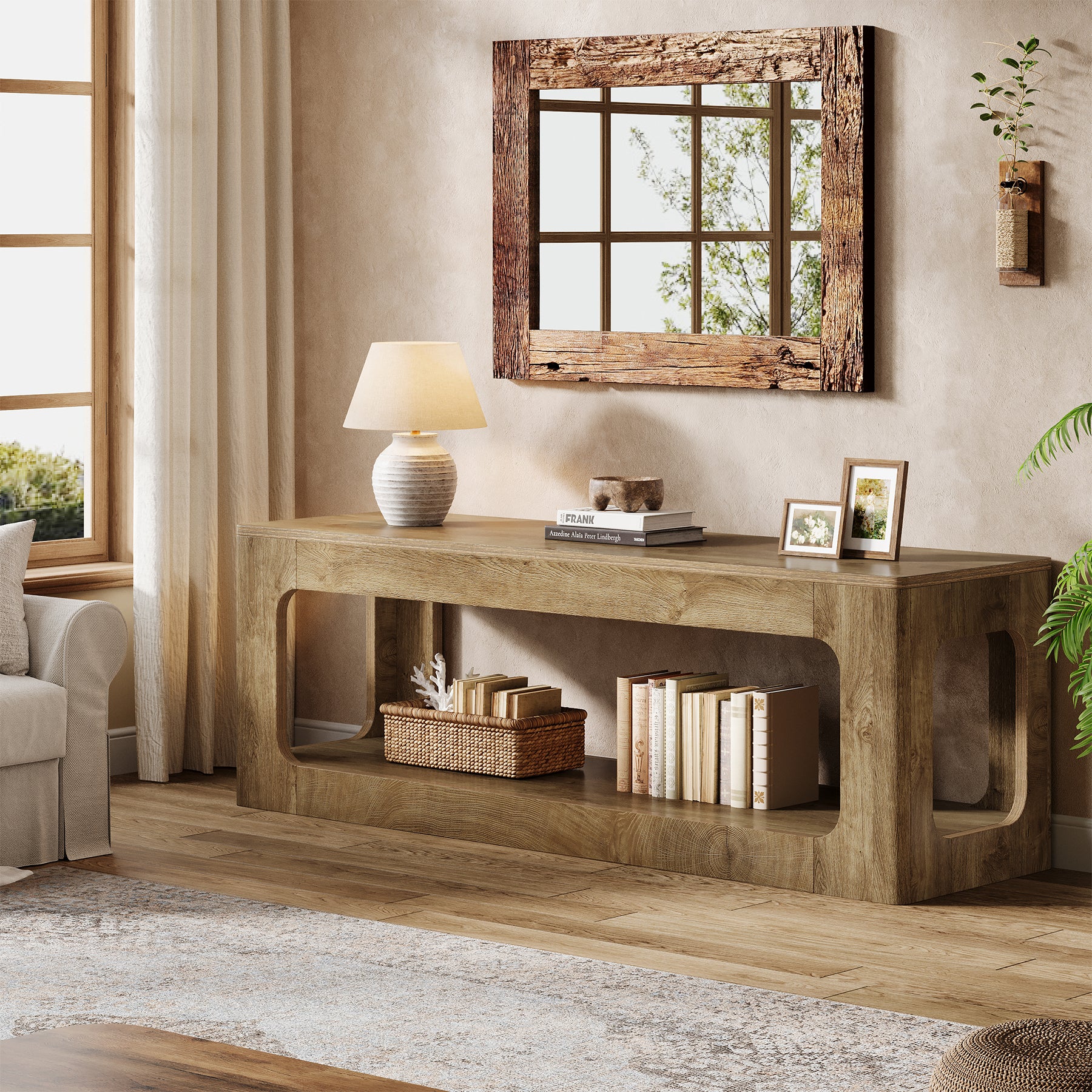 Tribesigns 63-Inch Farmhouse Console Table with Circle Design, 2-Tier Entryway Table for Hallway