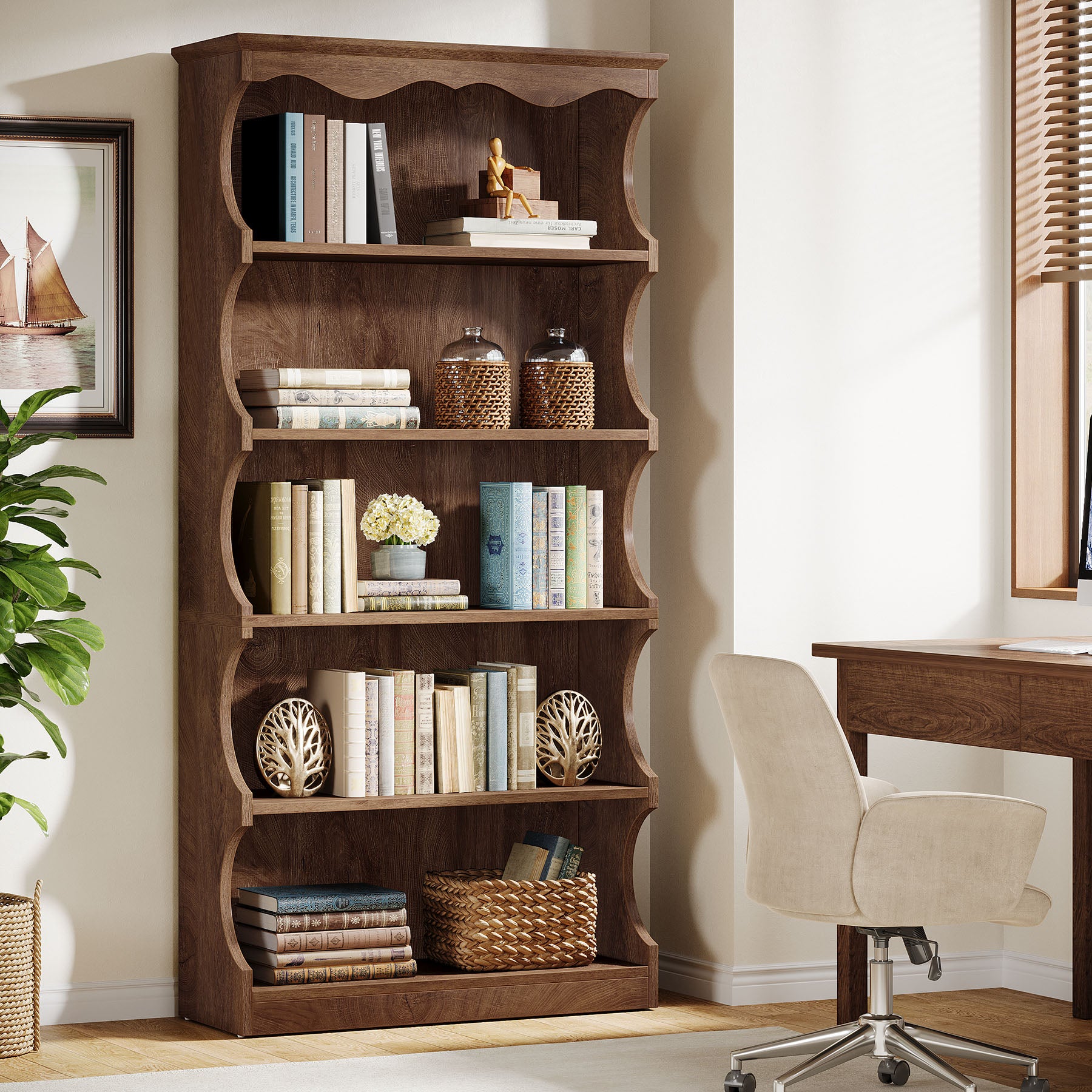 70 Inch Tall Bookcase, 5 Tier Curved Edge Bookshelf with Open Storage for Living Room and Home Office