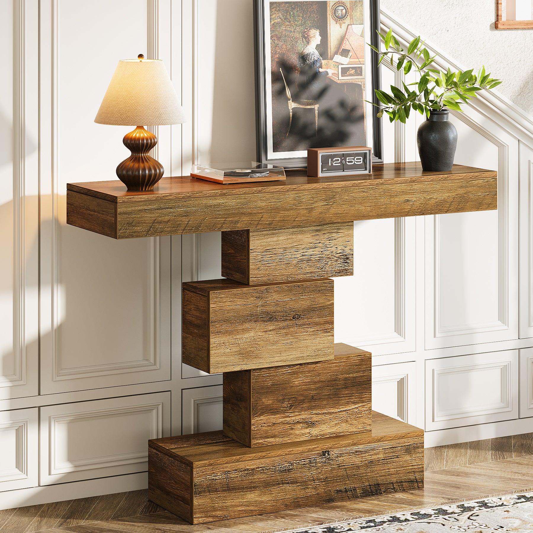 42" Console Table, Wood Sofa Table Accent Table with Geometric Base