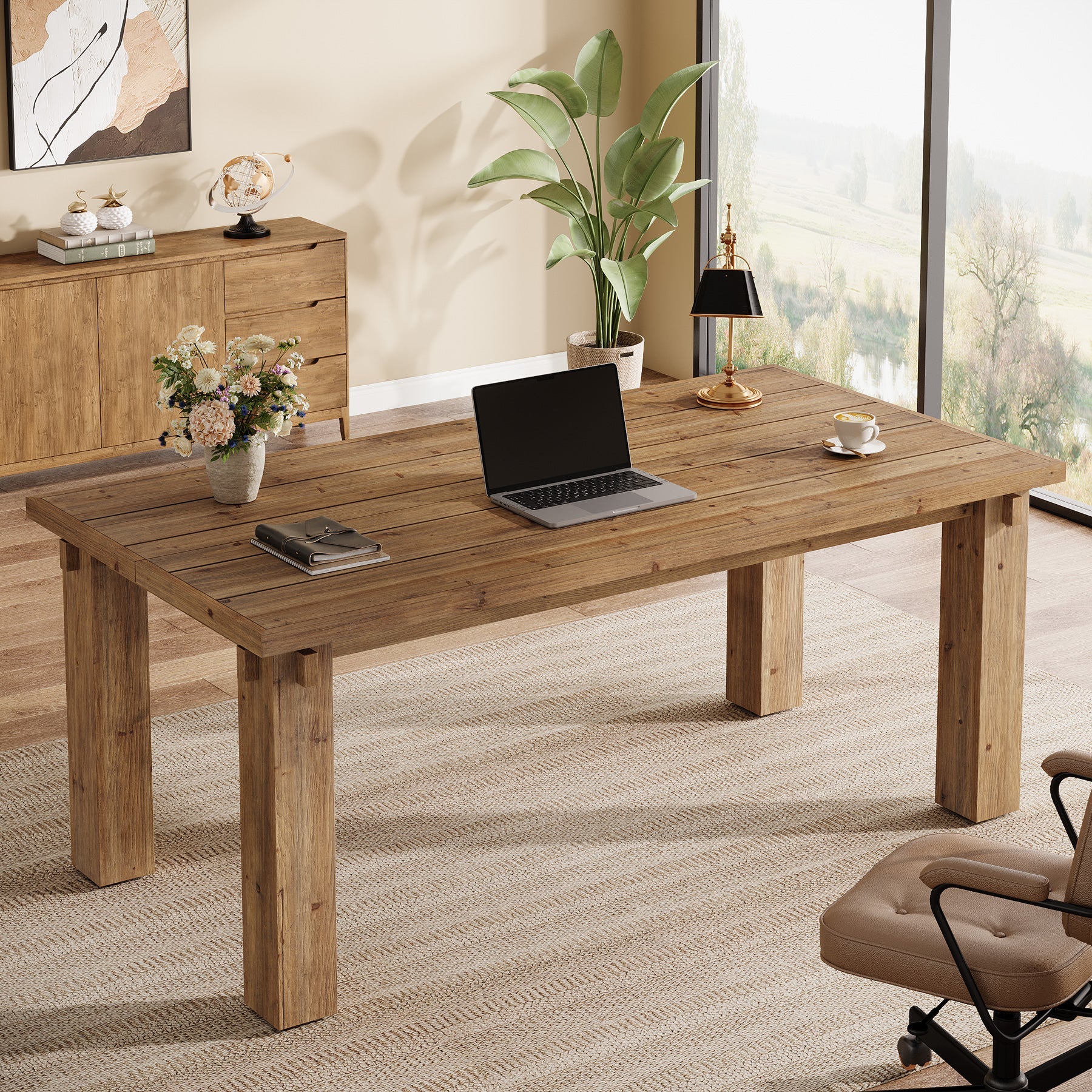 63-Inch Solid Wood Executive Desk with Thick Top, Farmhouse Computer Desk for Home Office