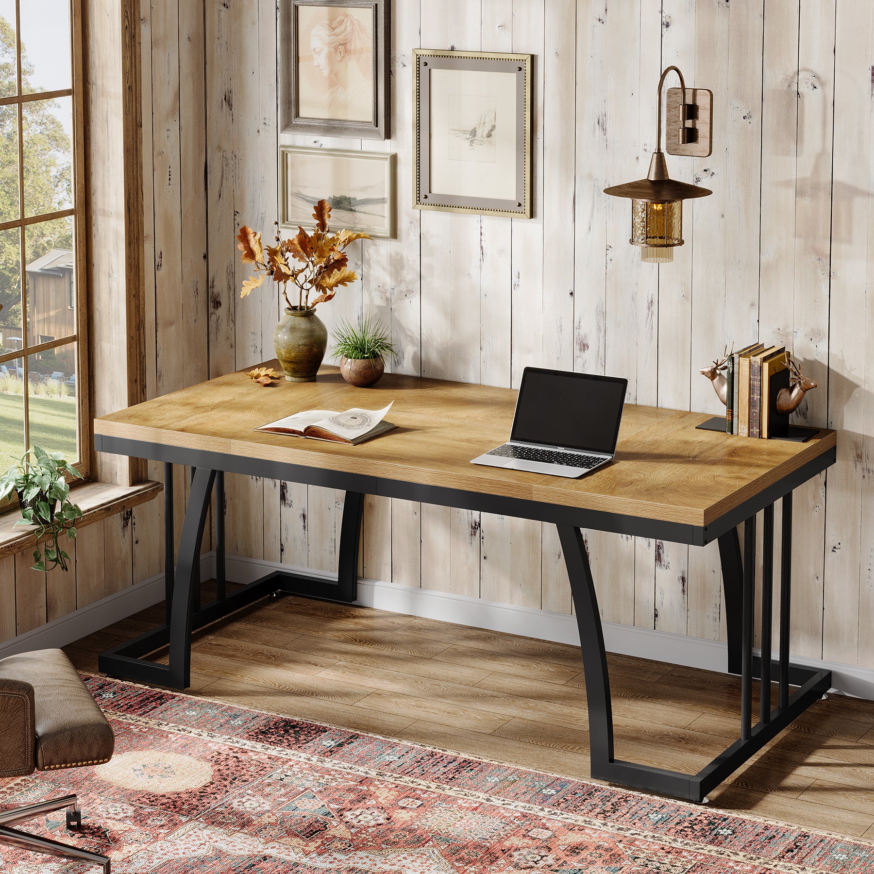 63-Inch Executive Desk with Deep Worktop and Metal Frame, Large Industrial Computer Desk for Home Office