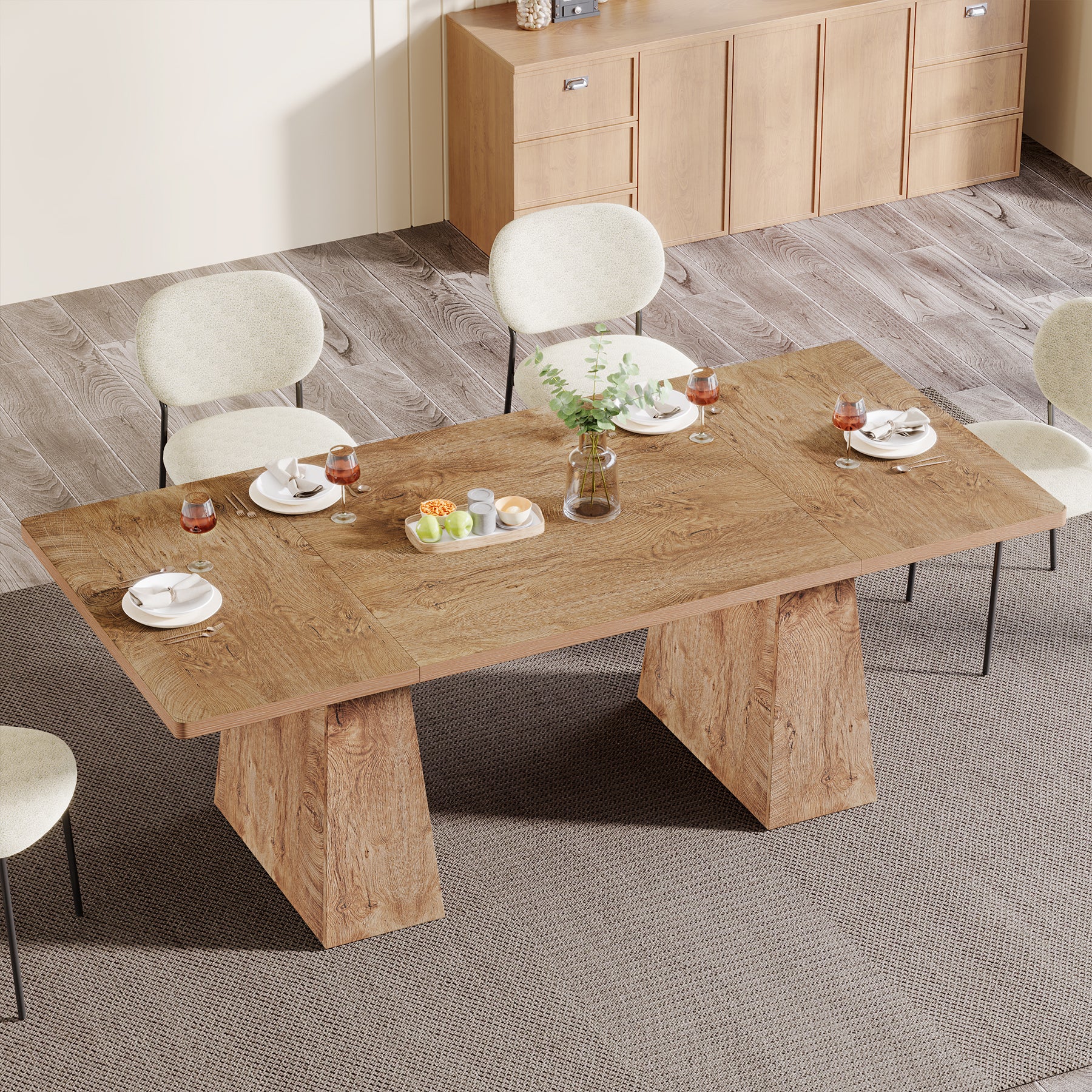 Tribesigns 63 Inch Dining Table for 6, Farmhouse Rectangular Kitchen Table with Double Pedestal for Dining Room