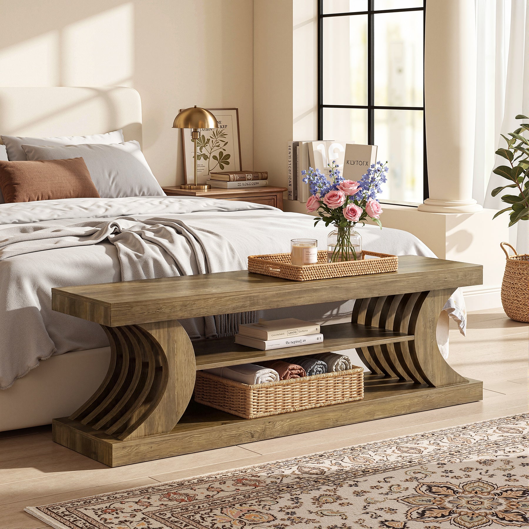 Tribesigns 63-Inch Entryway Shoe Bench with Open Storage, 3-Tier Bed Bench for Bedroom and Hallway