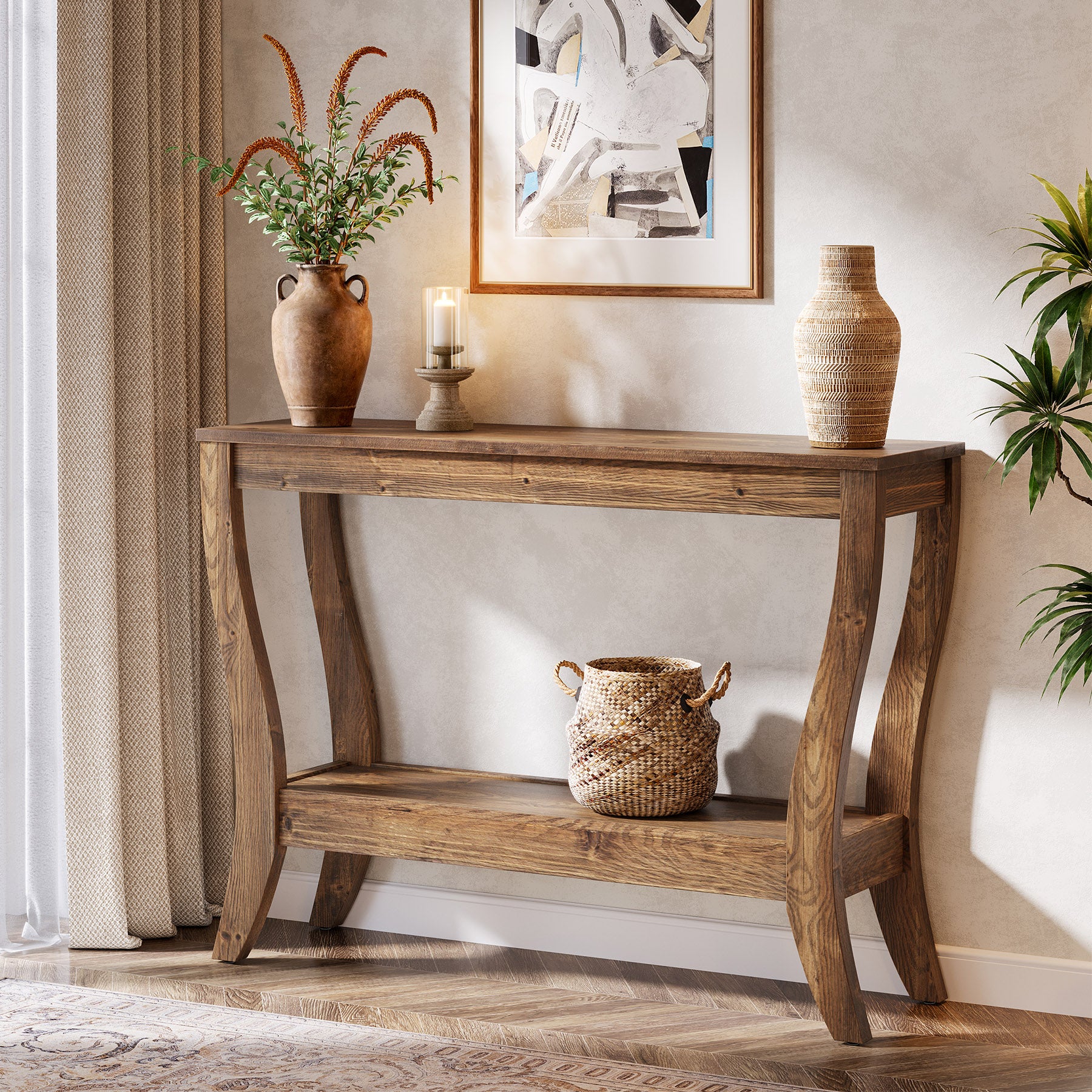 41.3-Inch Solid Wood Console Table with Storage Shelf, Farmhouse 2-Tier Entryway and Sofa Table for Living Room and Hallway